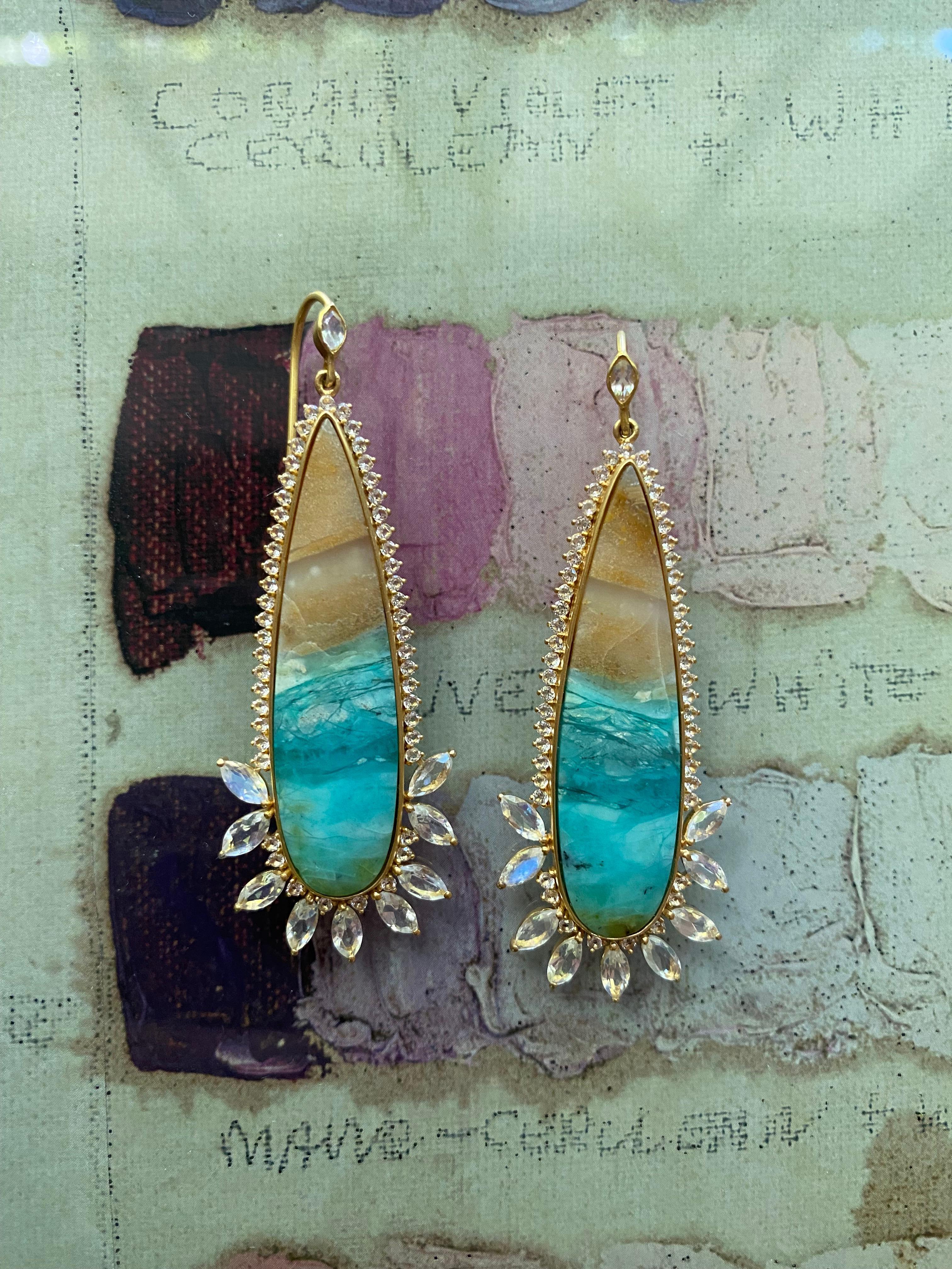 Opalized Wood, Rainbow Moonstone, Sapphire, 18kt Gold Earrings by Lauren Harper For Sale 4