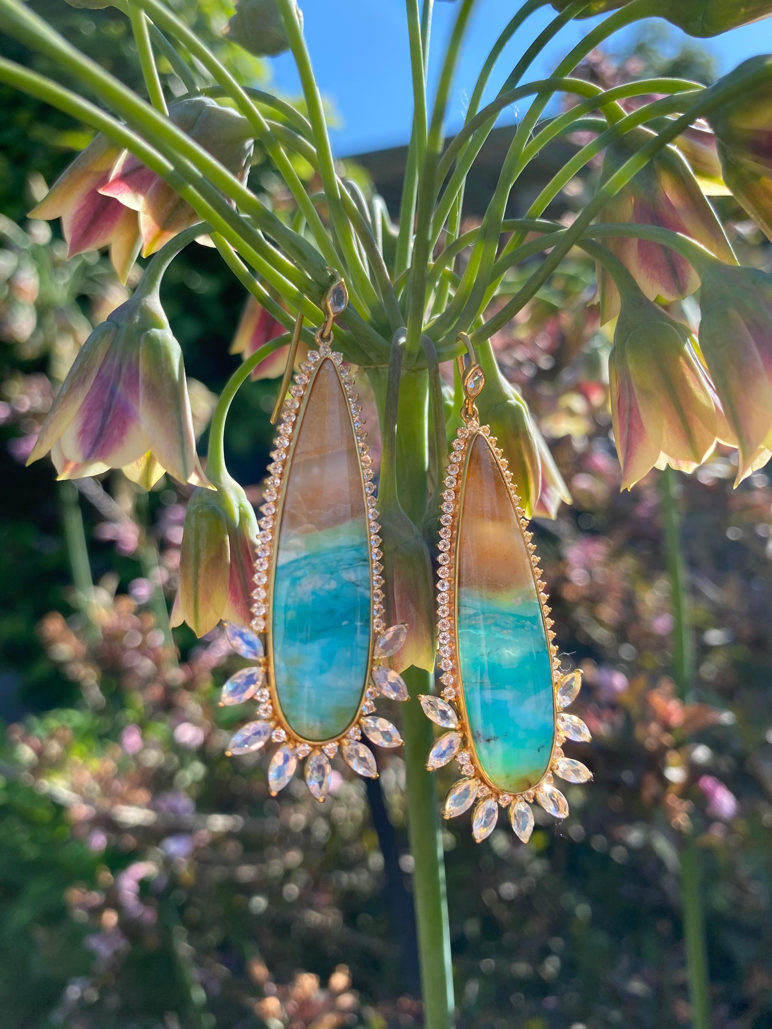 Marquise Cut Opalized Wood, Rainbow Moonstone, Sapphire, 18kt Gold Earrings by Lauren Harper For Sale