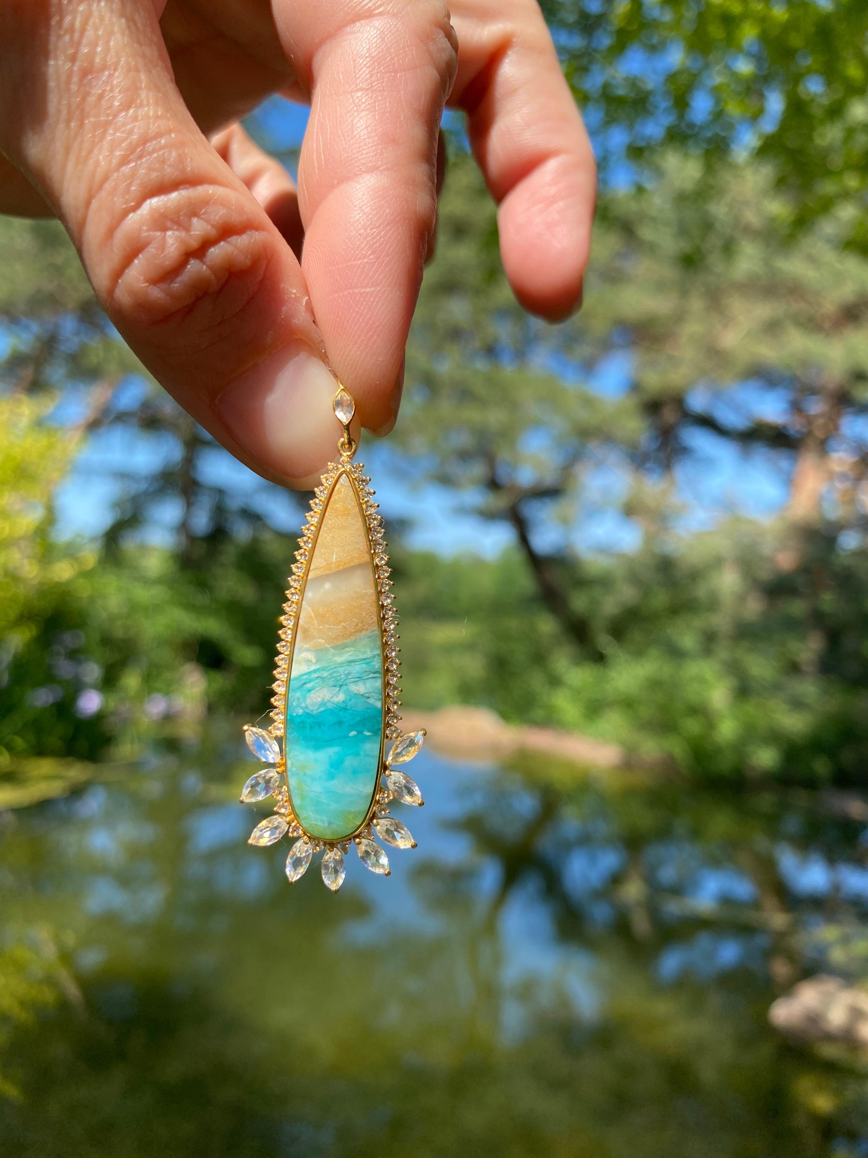 Opalized Wood, Rainbow Moonstone, Sapphire, 18kt Gold Earrings by Lauren Harper In New Condition For Sale In Winnetka, IL