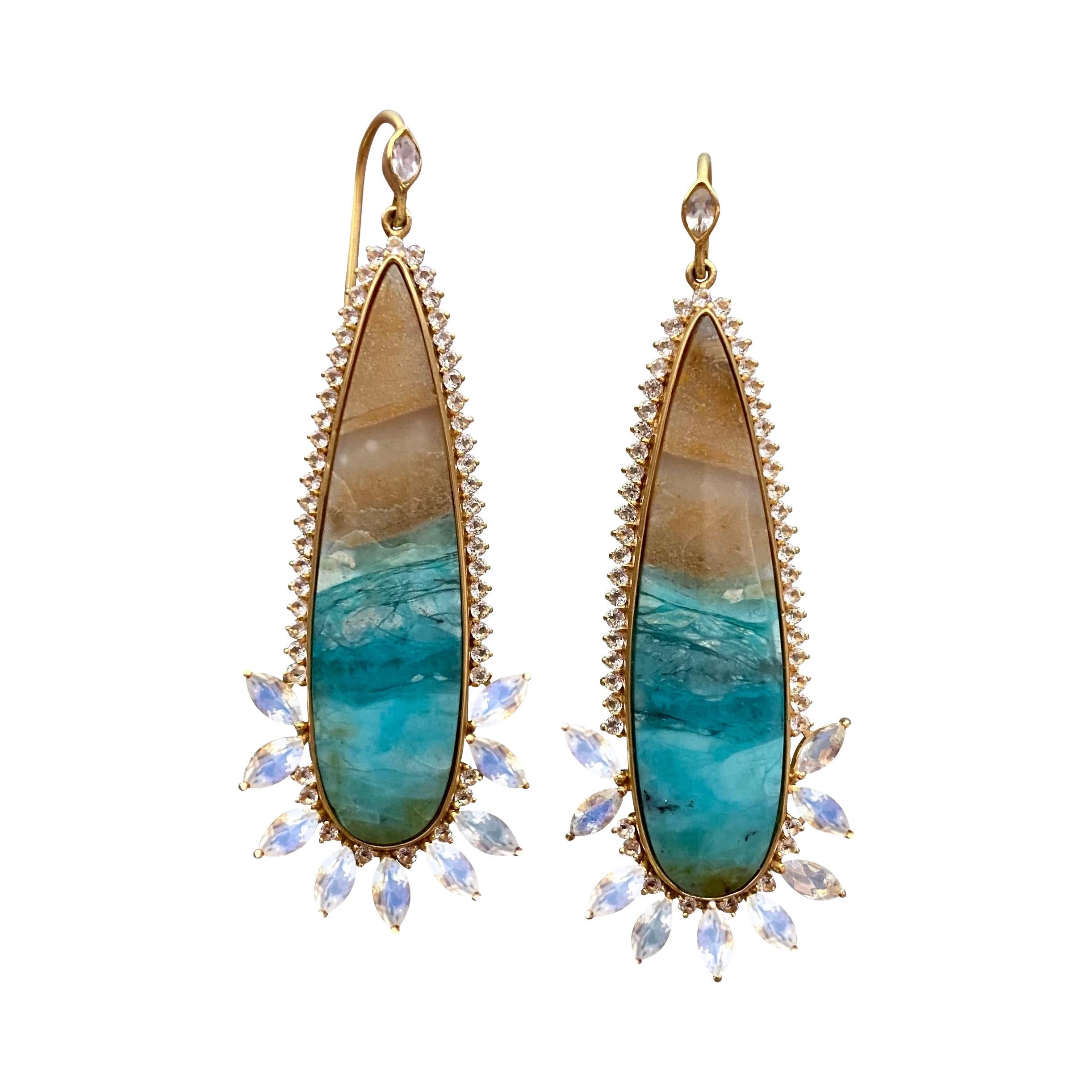 Opalized Wood, Rainbow Moonstone, Sapphire, 18kt Gold Earrings by Lauren Harper For Sale