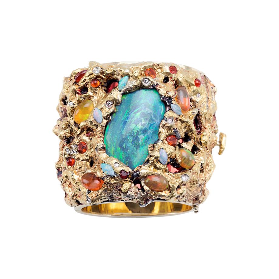 21st Century Australian Opal Jelly Opal Diamonds 18 Karat Gold Cuff Bracelet
