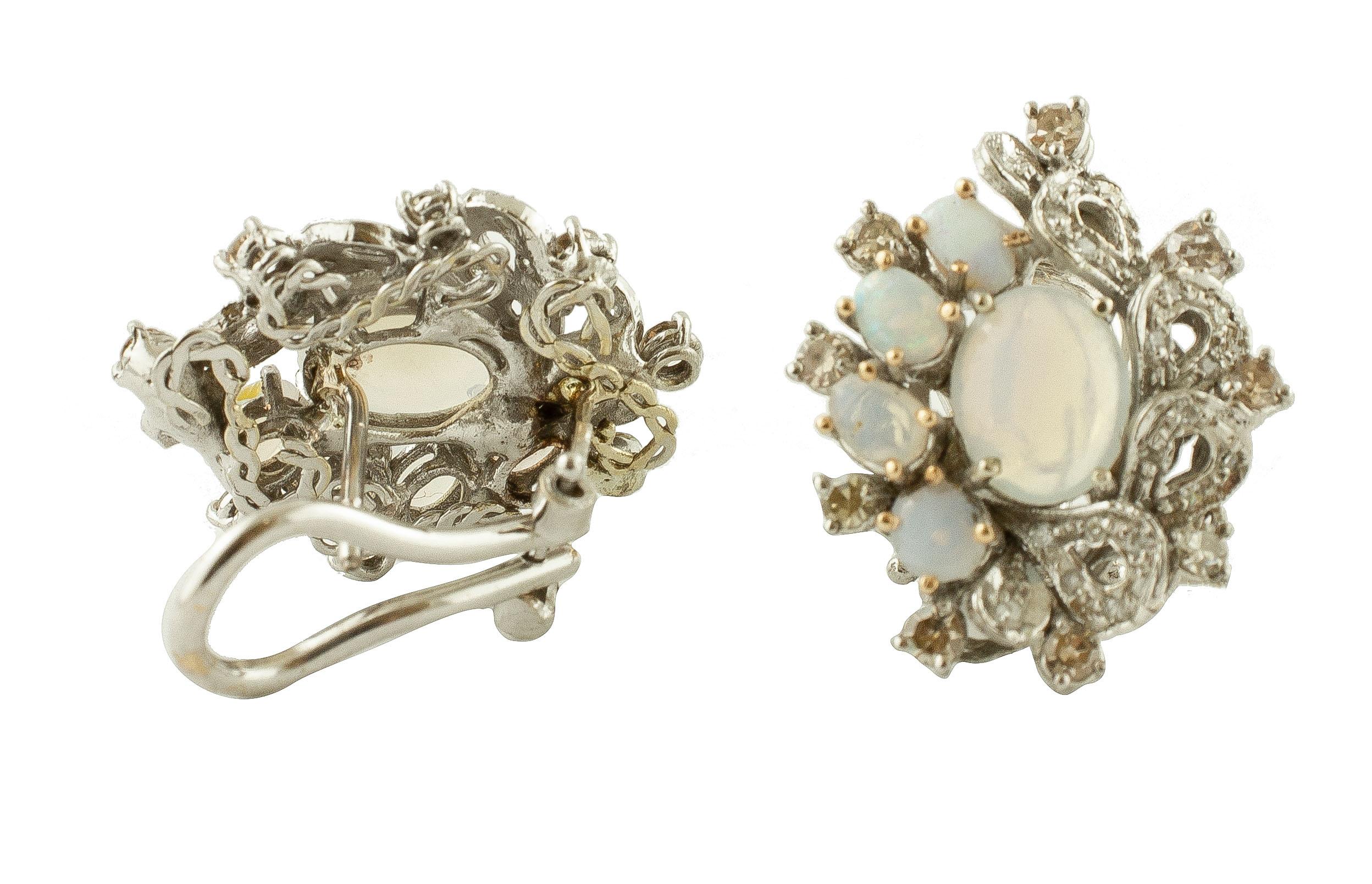 Retro Opals, Diamonds, 14 Karat White Gold Stud Earrings