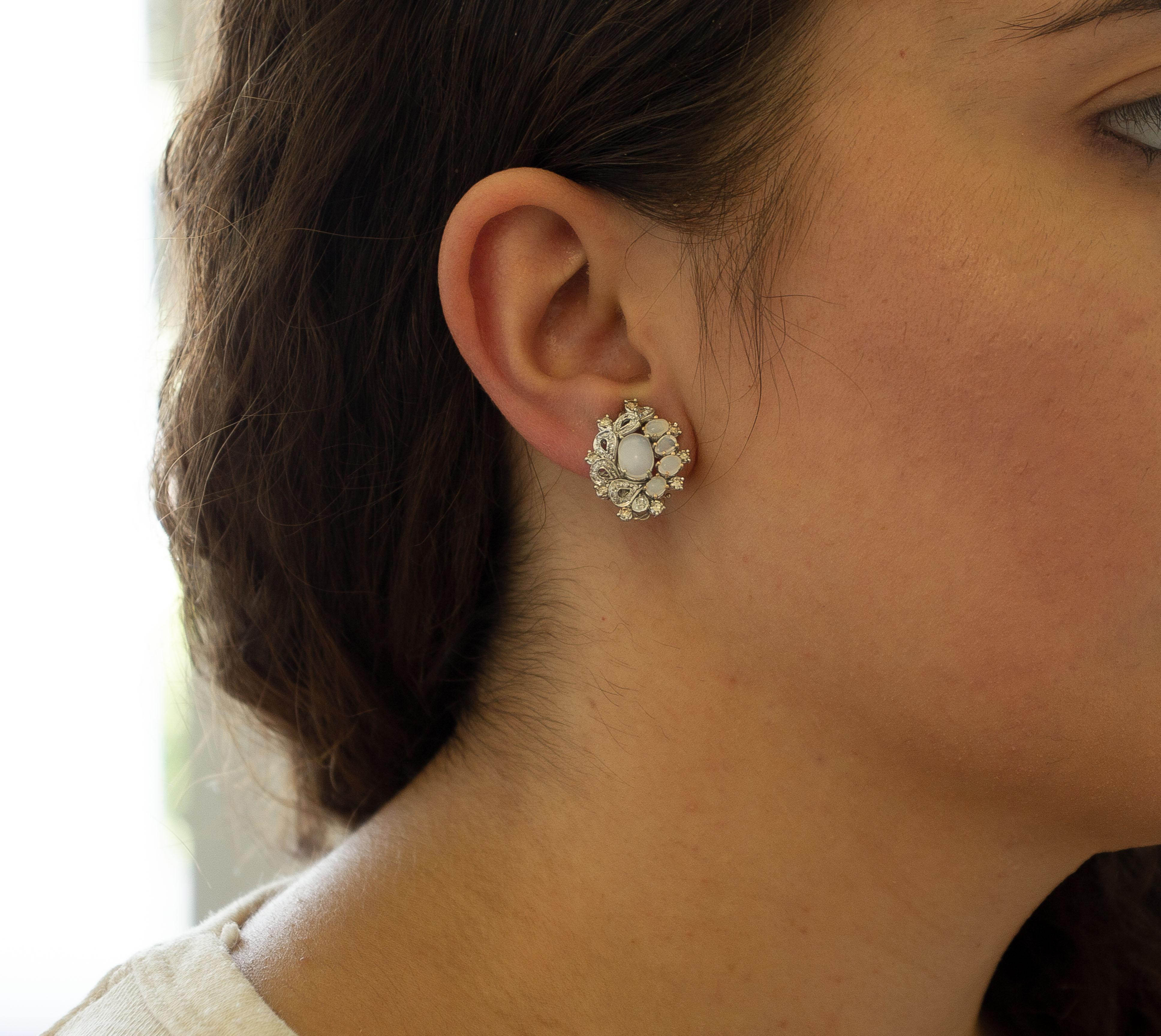 Opals, Diamonds, 14 Karat White Gold Stud Earrings 3