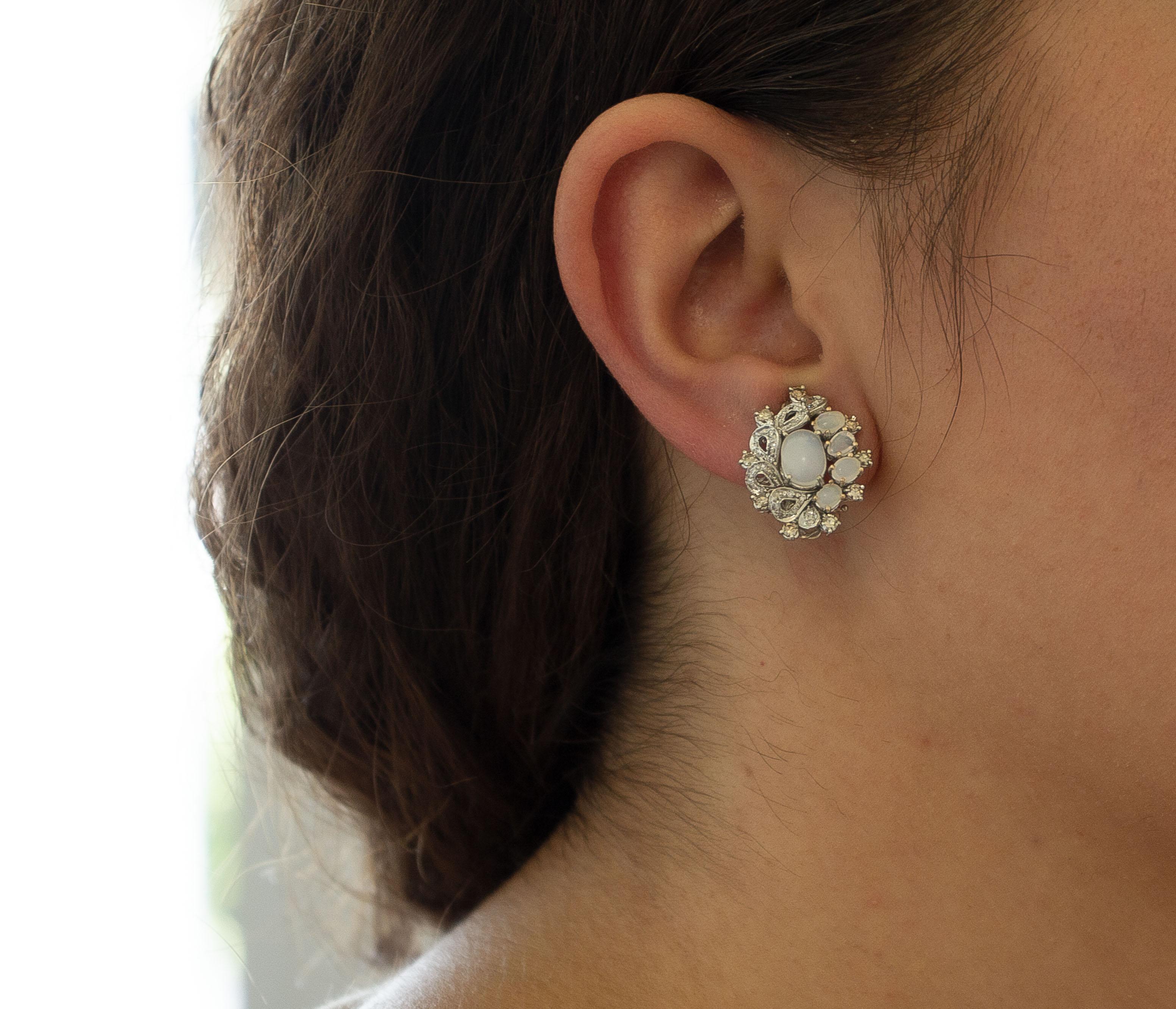 Opals, Diamonds, 14 Karat White Gold Stud Earrings 4