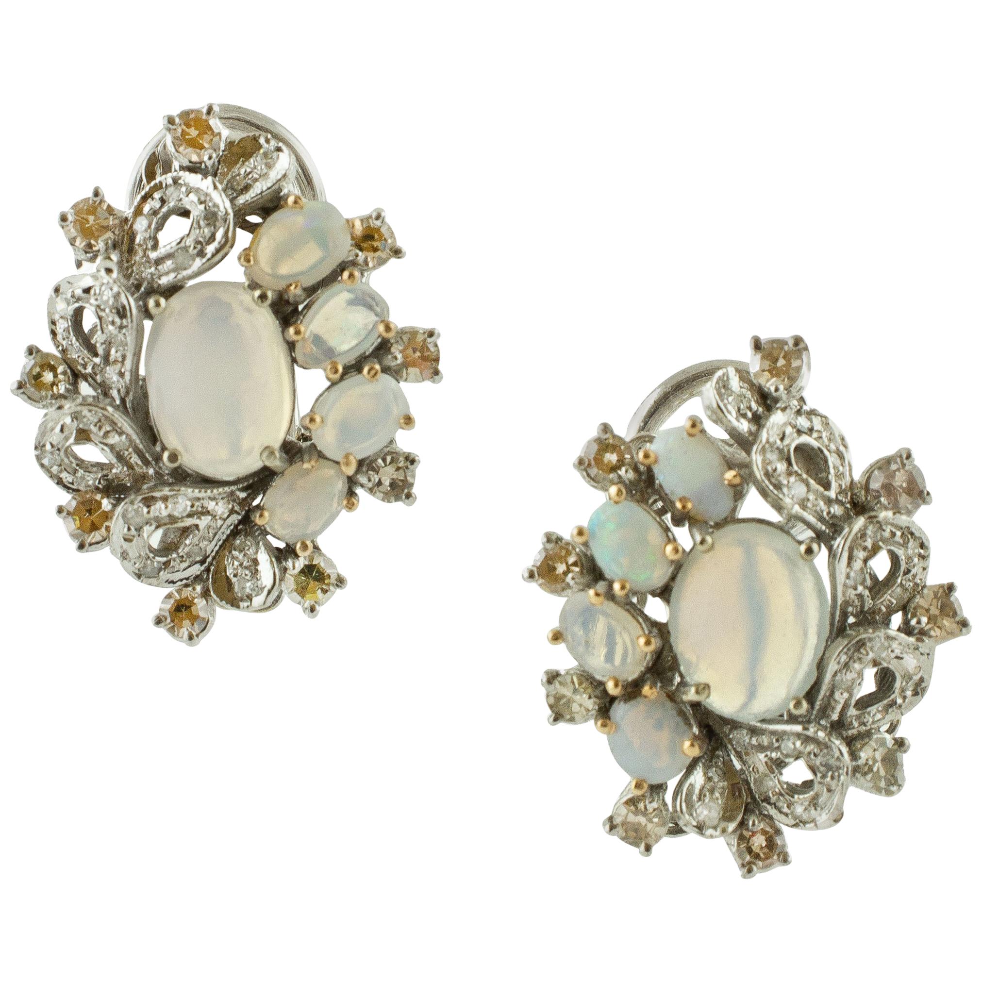 Opals, Diamonds, 14 Karat White Gold Stud Earrings