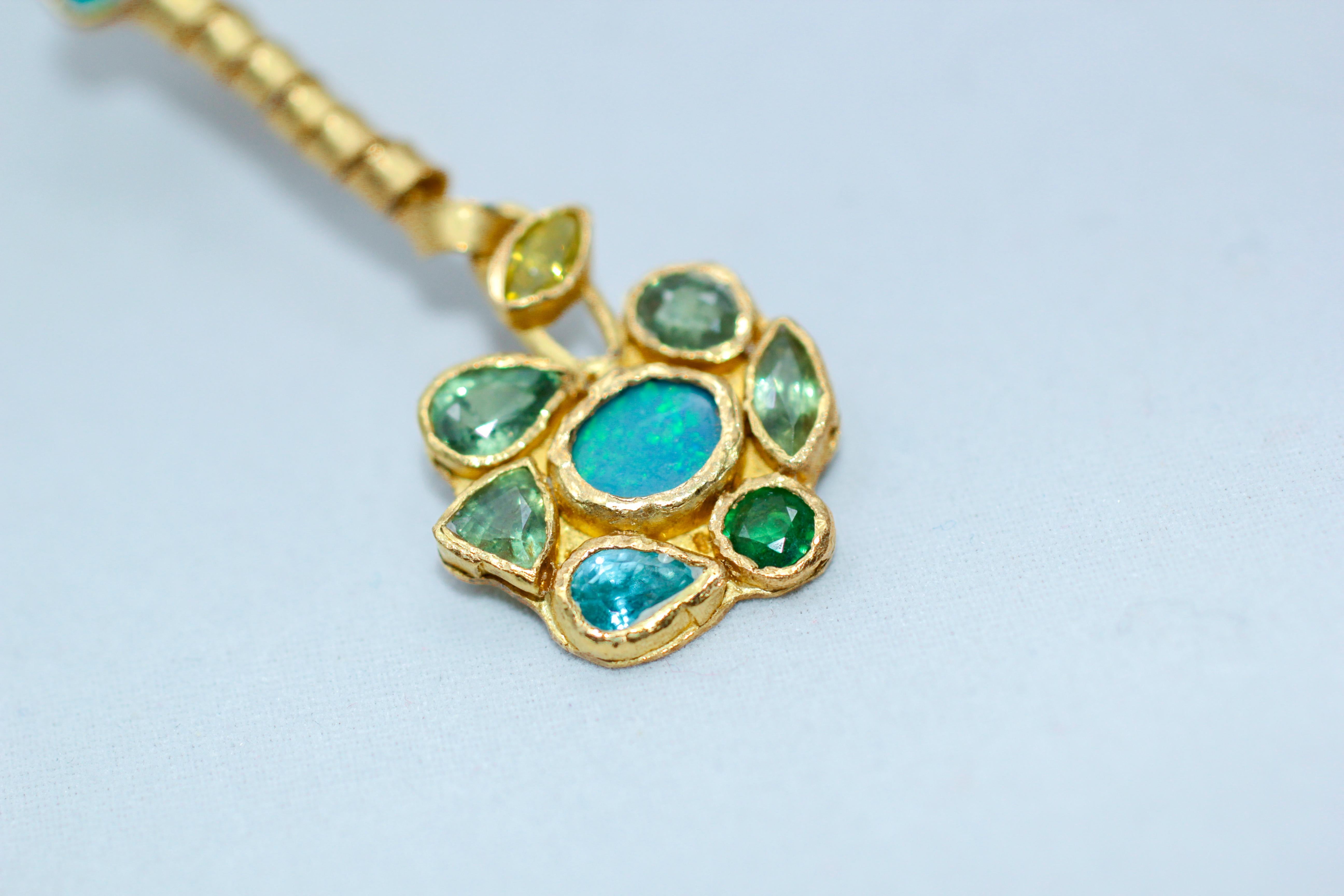 Opals Diamonds Demantoid Garnets 22-21 Karat Gold Dangle Drop Organic Earrings In New Condition For Sale In New York, NY