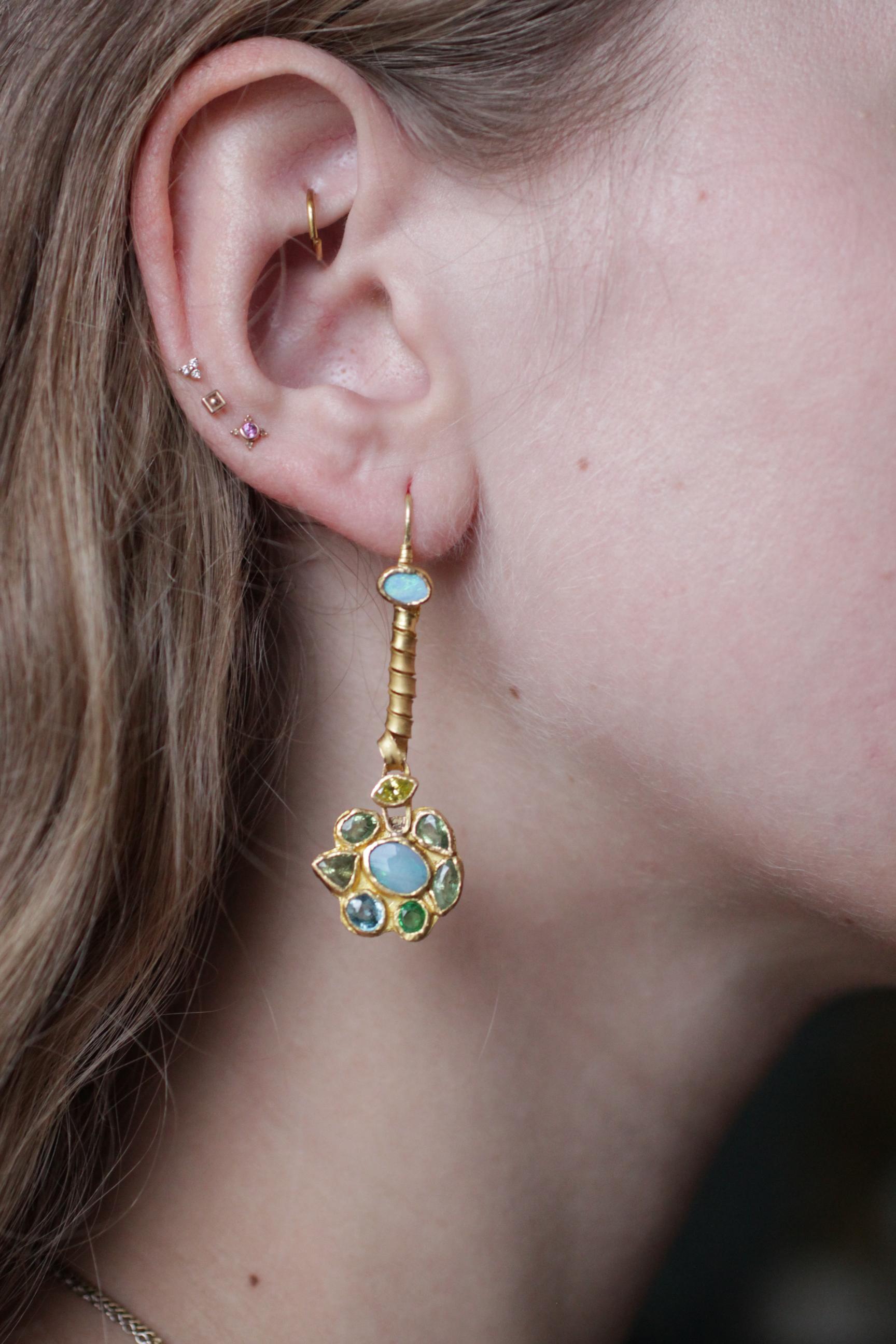 Opals Diamonds Garnets 22-21 Karat Gold Dangle Drop Organic Earrings For Sale 2