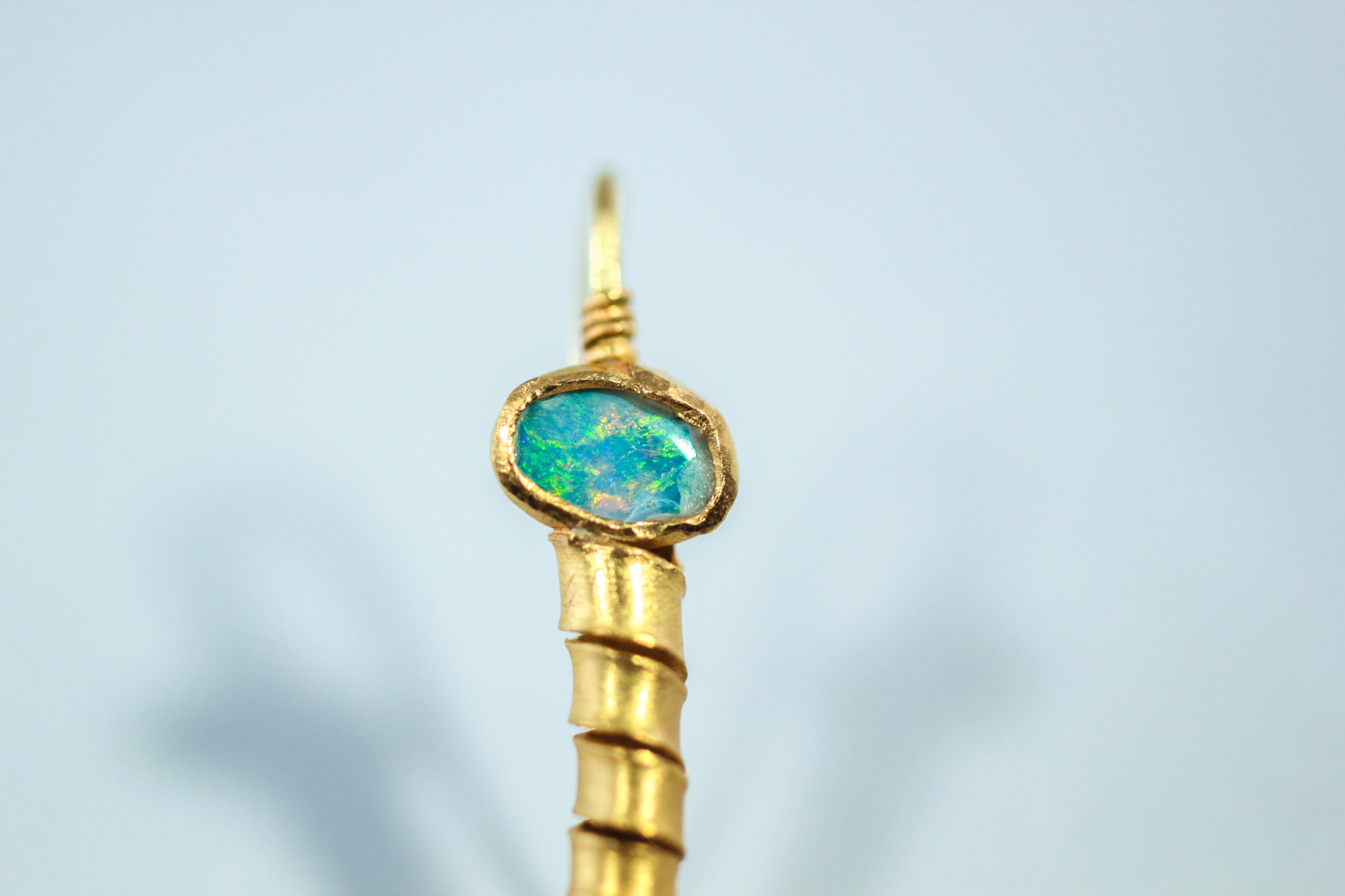 Oval Cut Opals Diamonds Garnets 22-21 Karat Gold Dangle Drop Organic Earrings For Sale