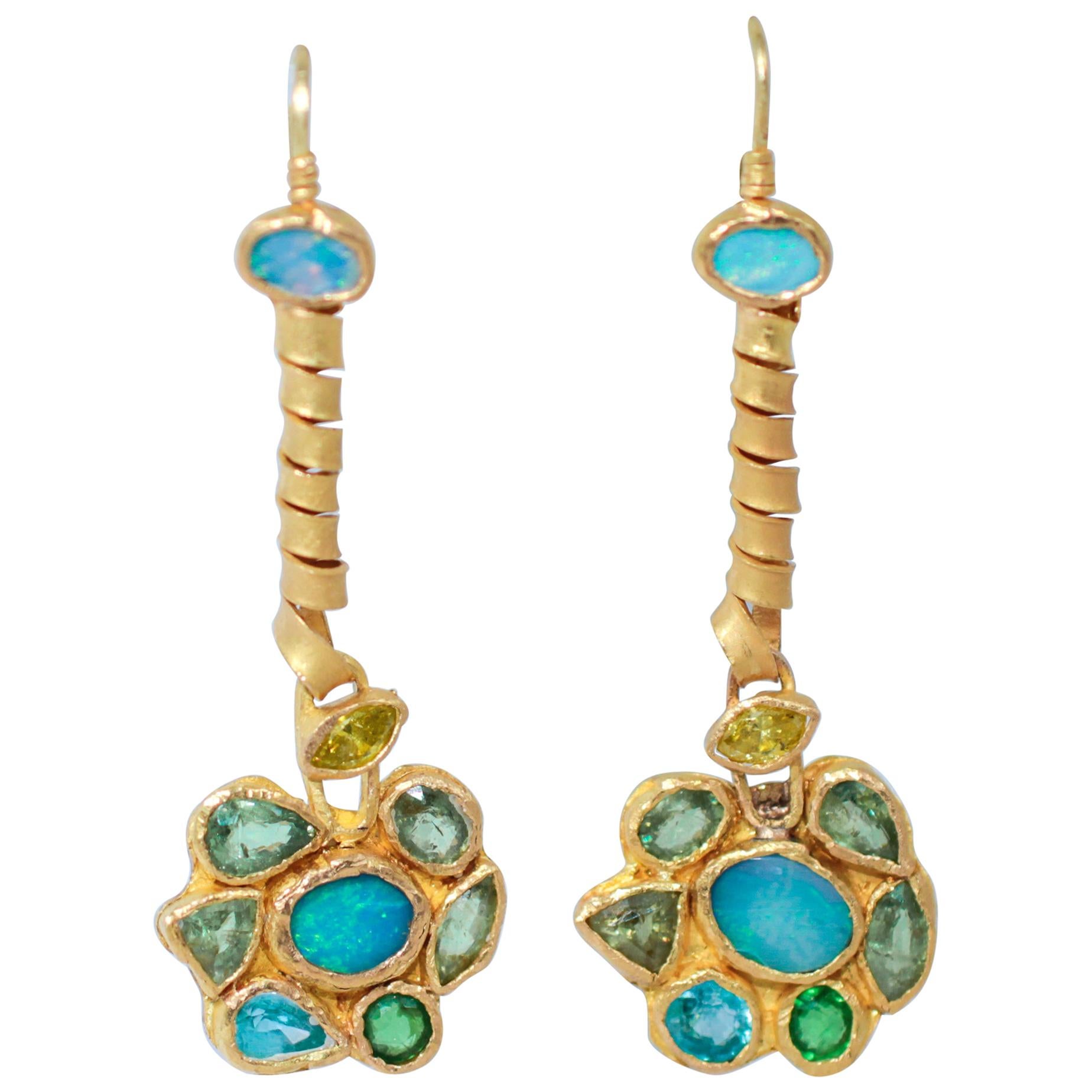 Opals Diamonds Garnets 22-21 Karat Gold Dangle Drop Organic Earrings