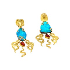 21st Century Snake Lion Golden Fleece Opals Fire Opals 18 Karat Gold Earrings 