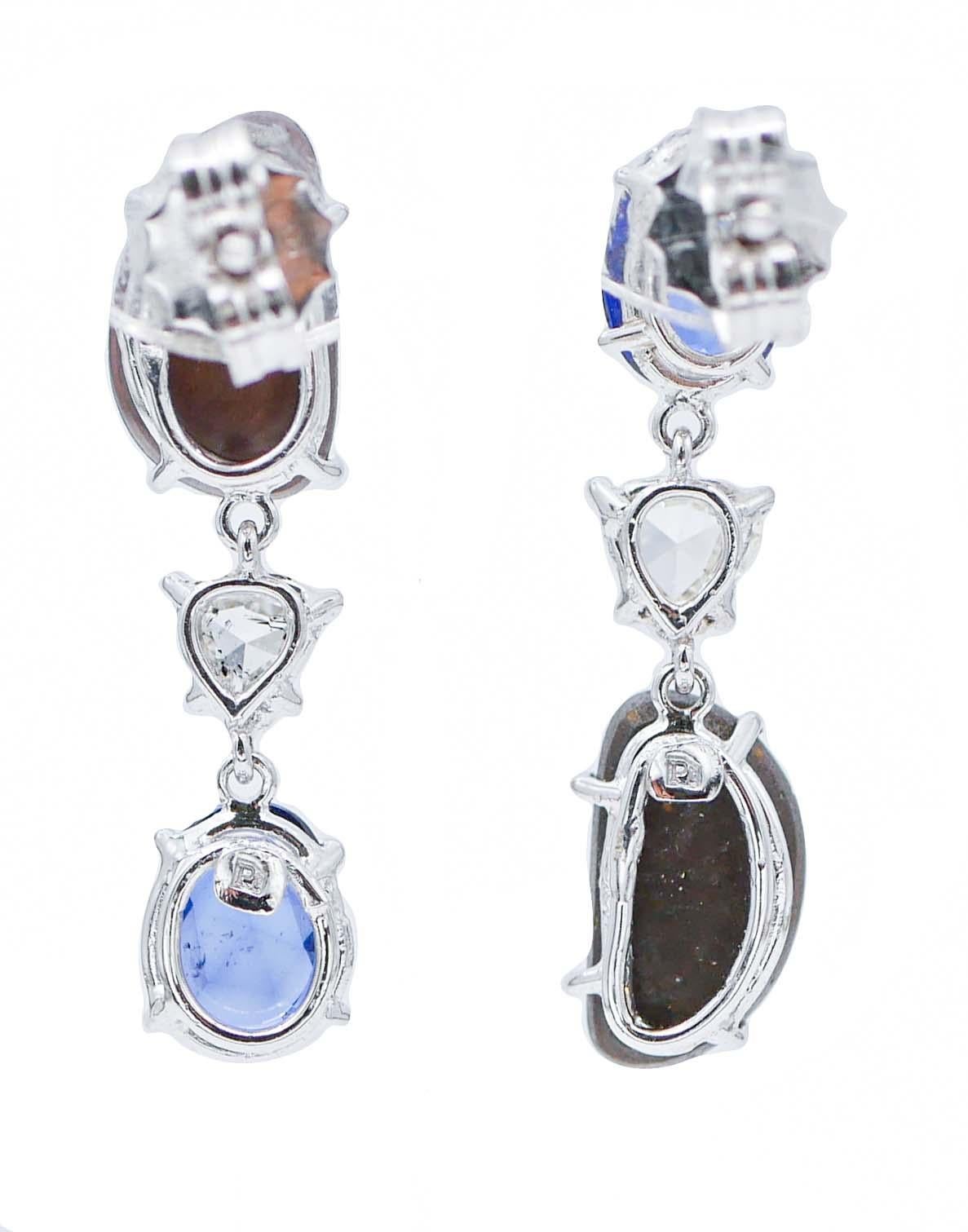 Retro Opals, Sapphires, Diamonds, Platinum Dangle Earrings