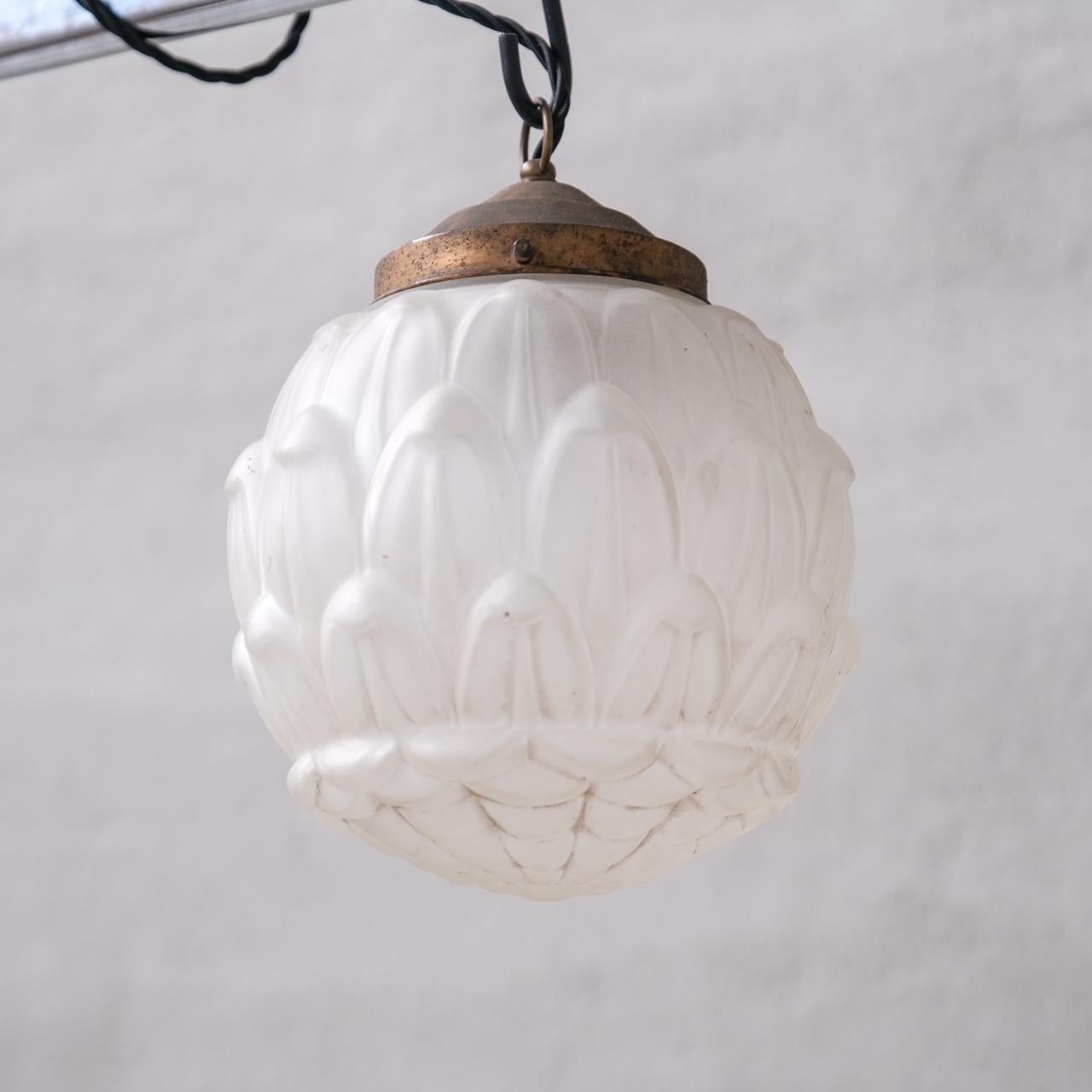 French Opaque Brass and Glass Artichoke Style Pendant Light For Sale