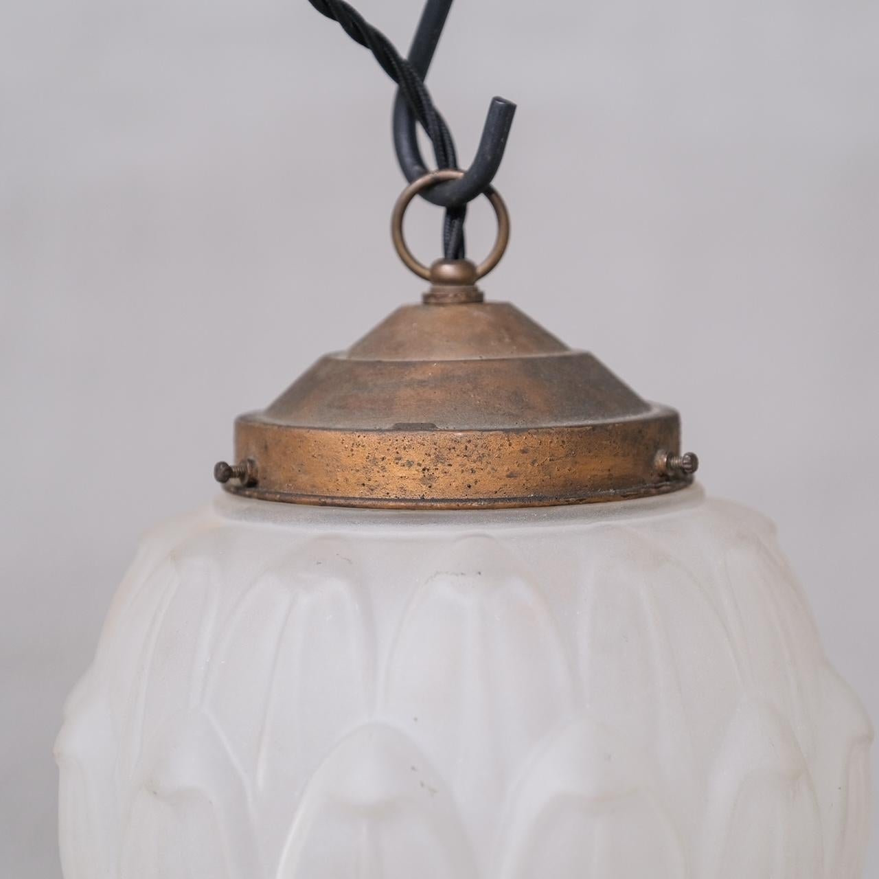 20th Century Opaque Brass and Glass Artichoke Style Pendant Light For Sale