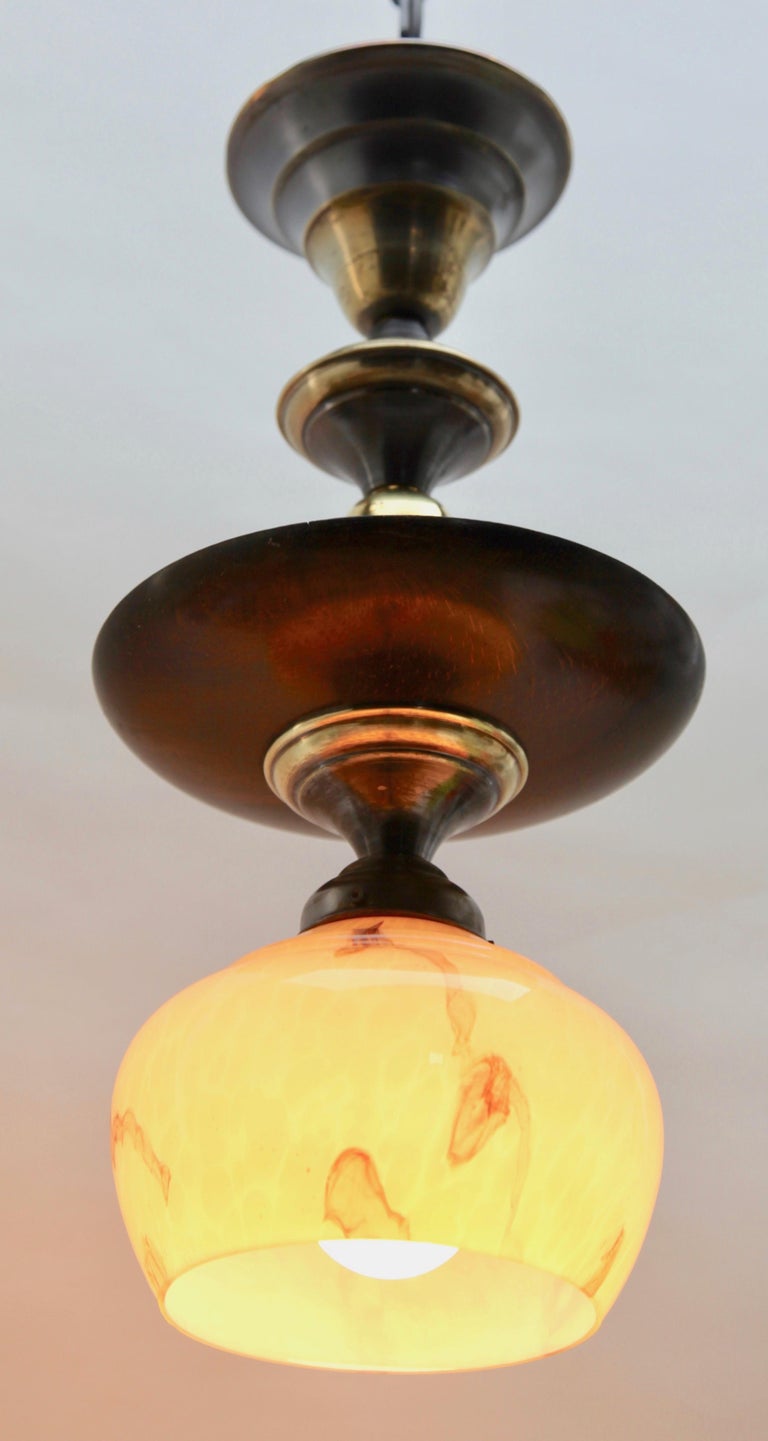 Opaque Glass Art Deco Pendant Ceiling Light Whit Wooden Detail For Sale