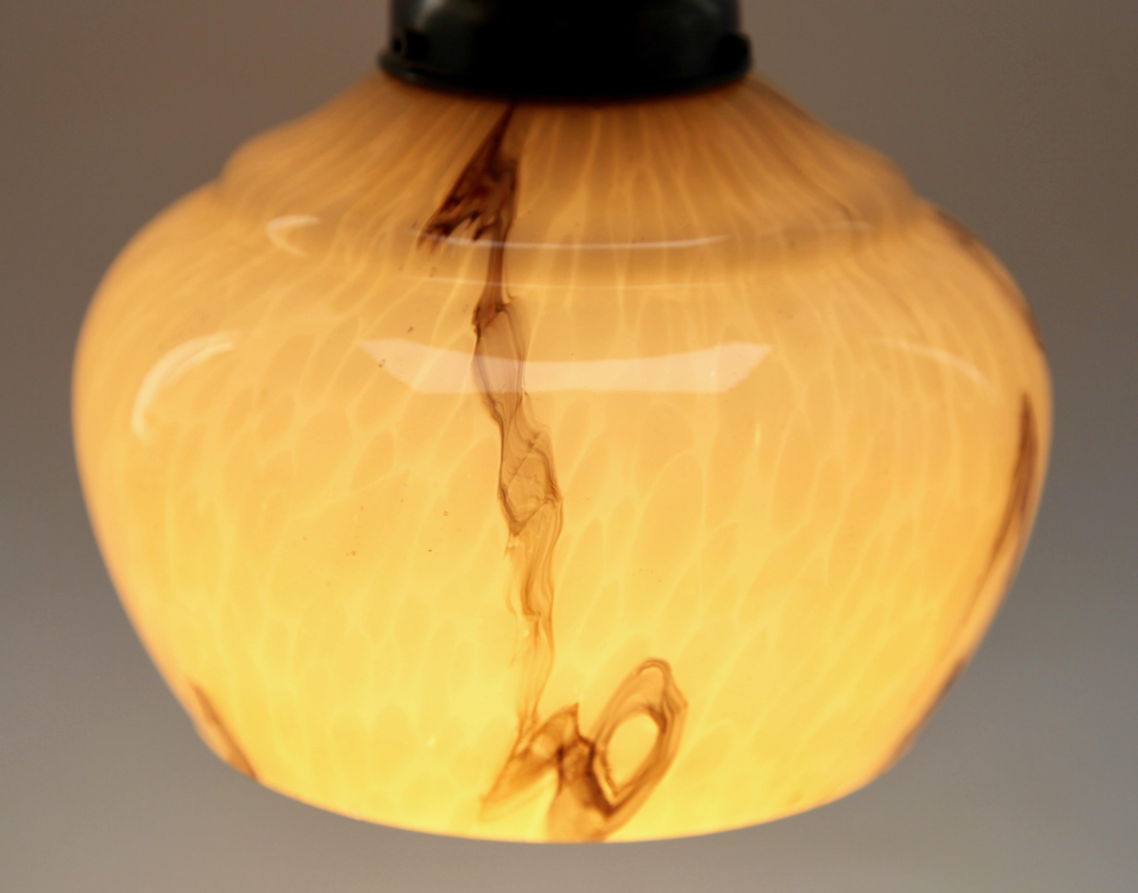 Hand-Crafted Opaque Glass Art Deco Pendant Ceiling Light Whit Wooden Detail