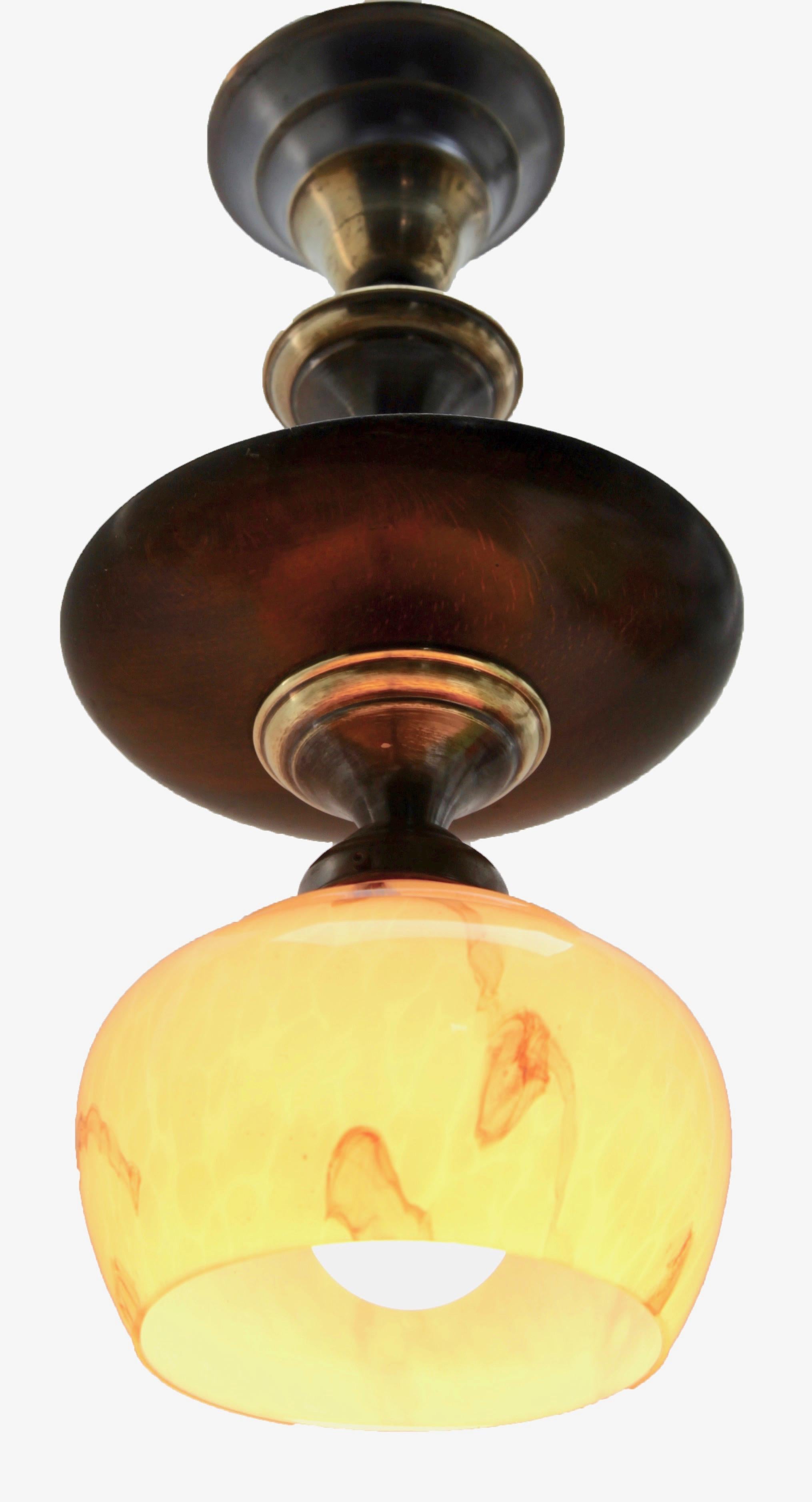 Opaque Glass Art Deco Pendant Ceiling Light Whit Wooden Detail In Good Condition In Verviers, BE