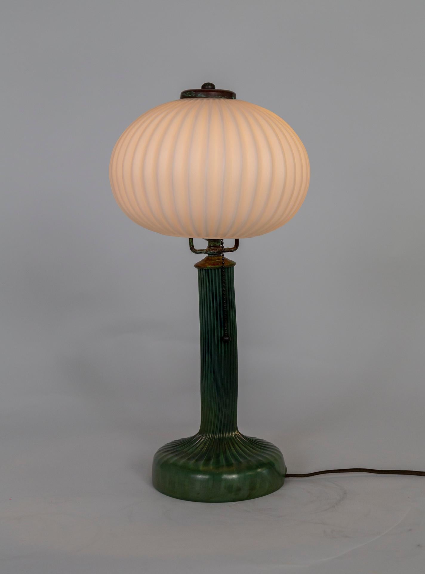 Late 20th Century Opaque Green Glass Lindberg Lamp w/ Ribbed Elliptical Shade For Sale