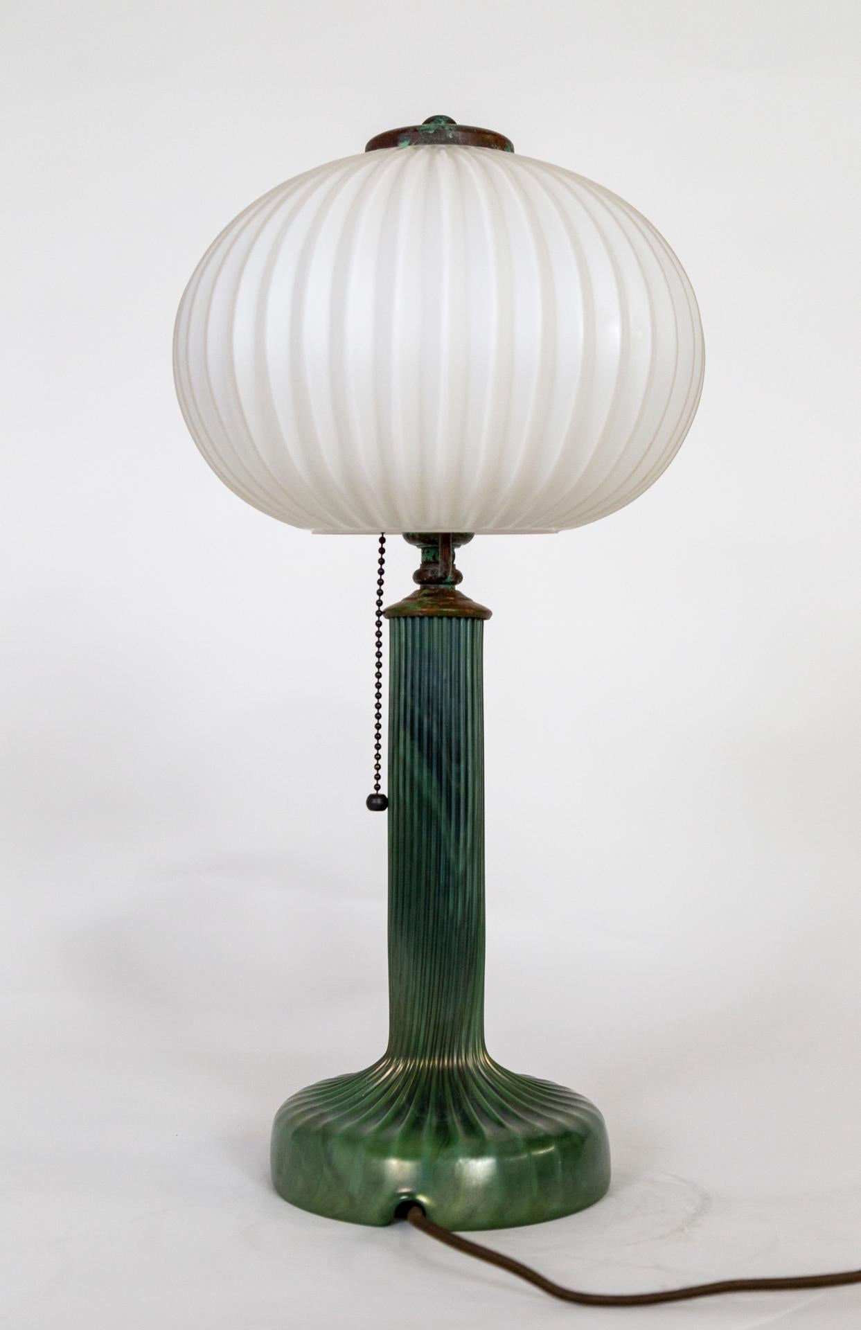 Metal Opaque Green Glass Lindberg Lamp w/ Ribbed Elliptical Shade