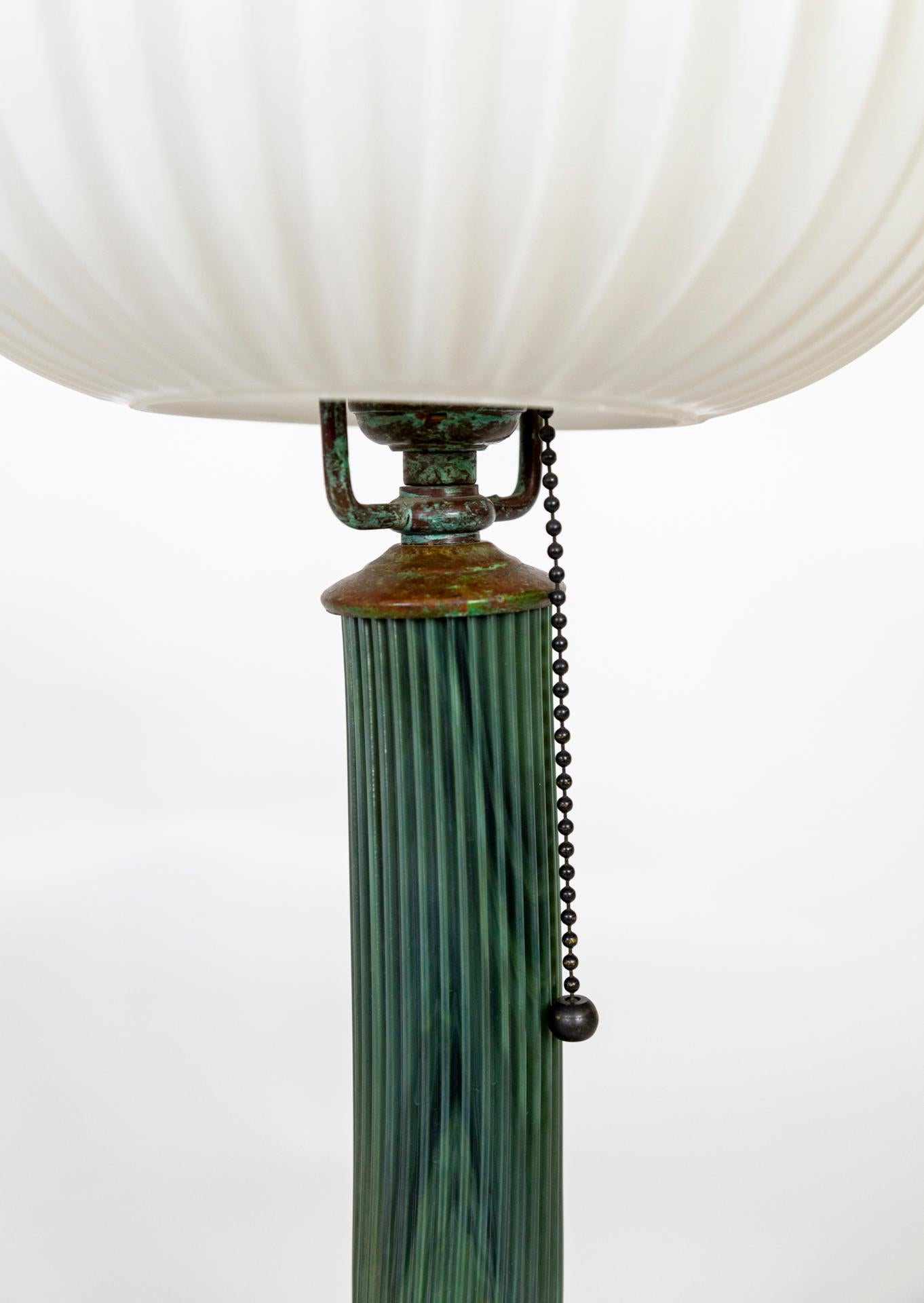 Opaque Green Glass Lindberg Lamp w/ Ribbed Elliptical Shade 1