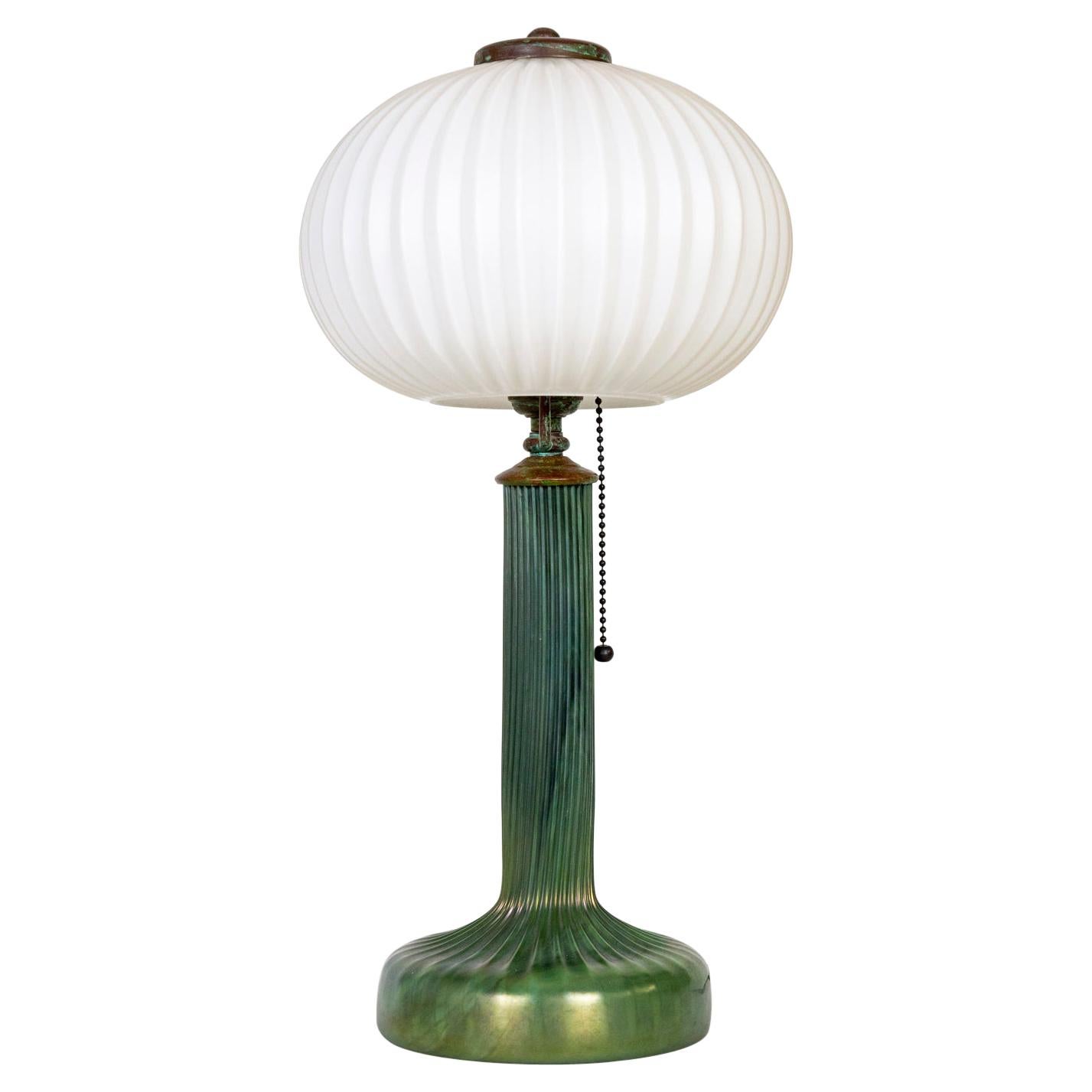 Opaque Green Glass Lindberg Lamp w/ Ribbed Elliptical Shade