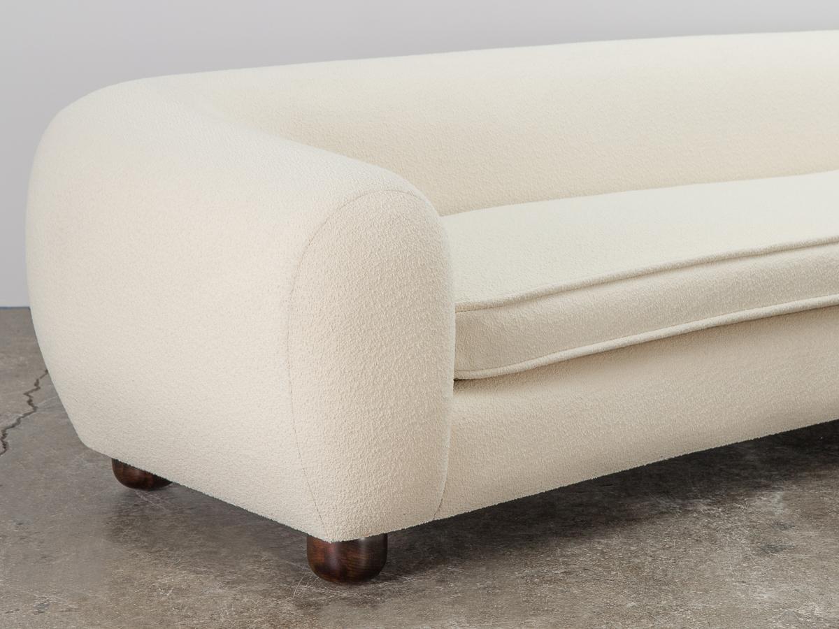 Wood  Custom Curved Sofa - Knoll Pearl Boucle with Ball Feet