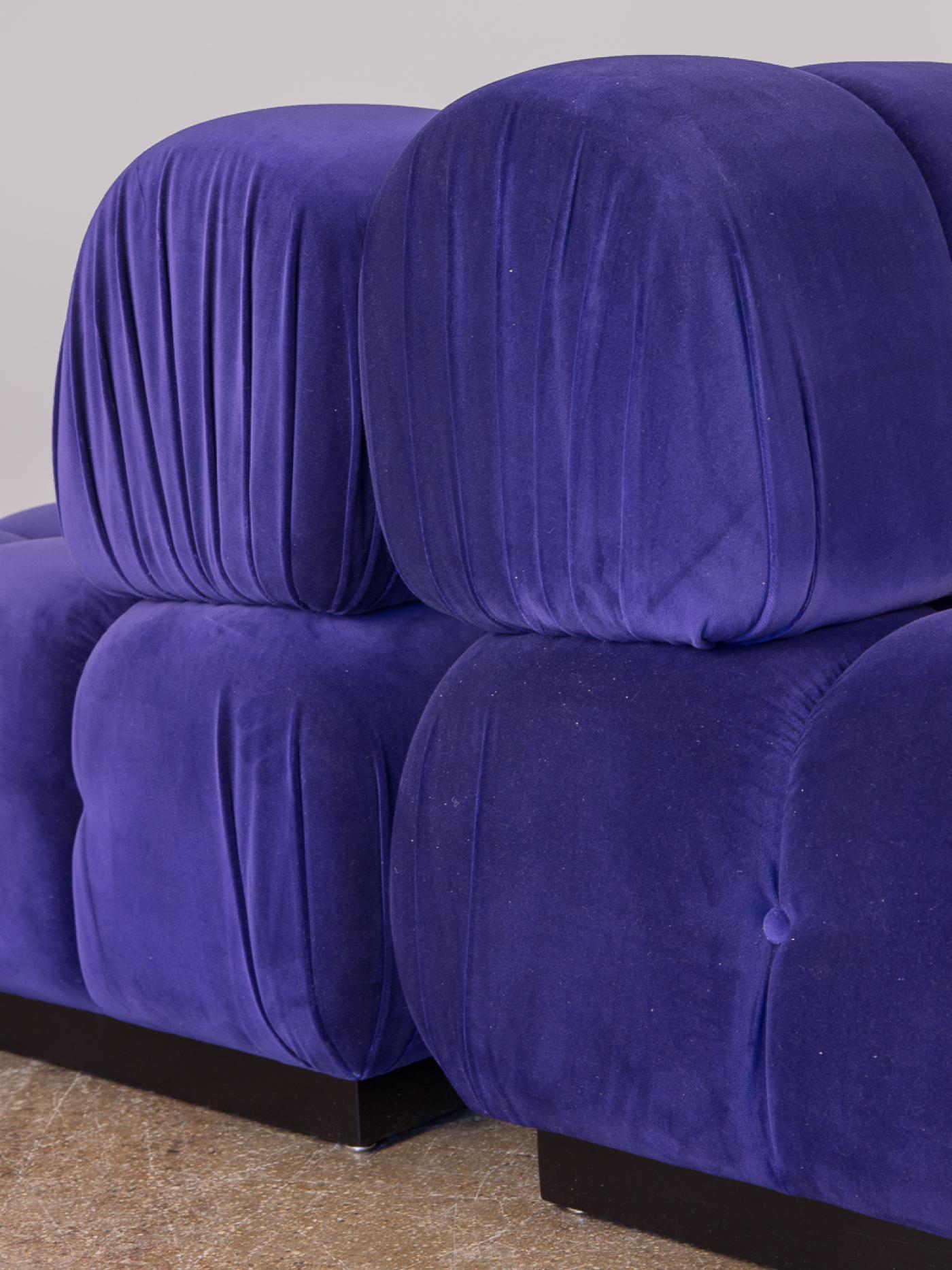 Open Air Modern Purple Blue Velvet Custom Modular Tufted Loveseat with Ottoman For Sale 1