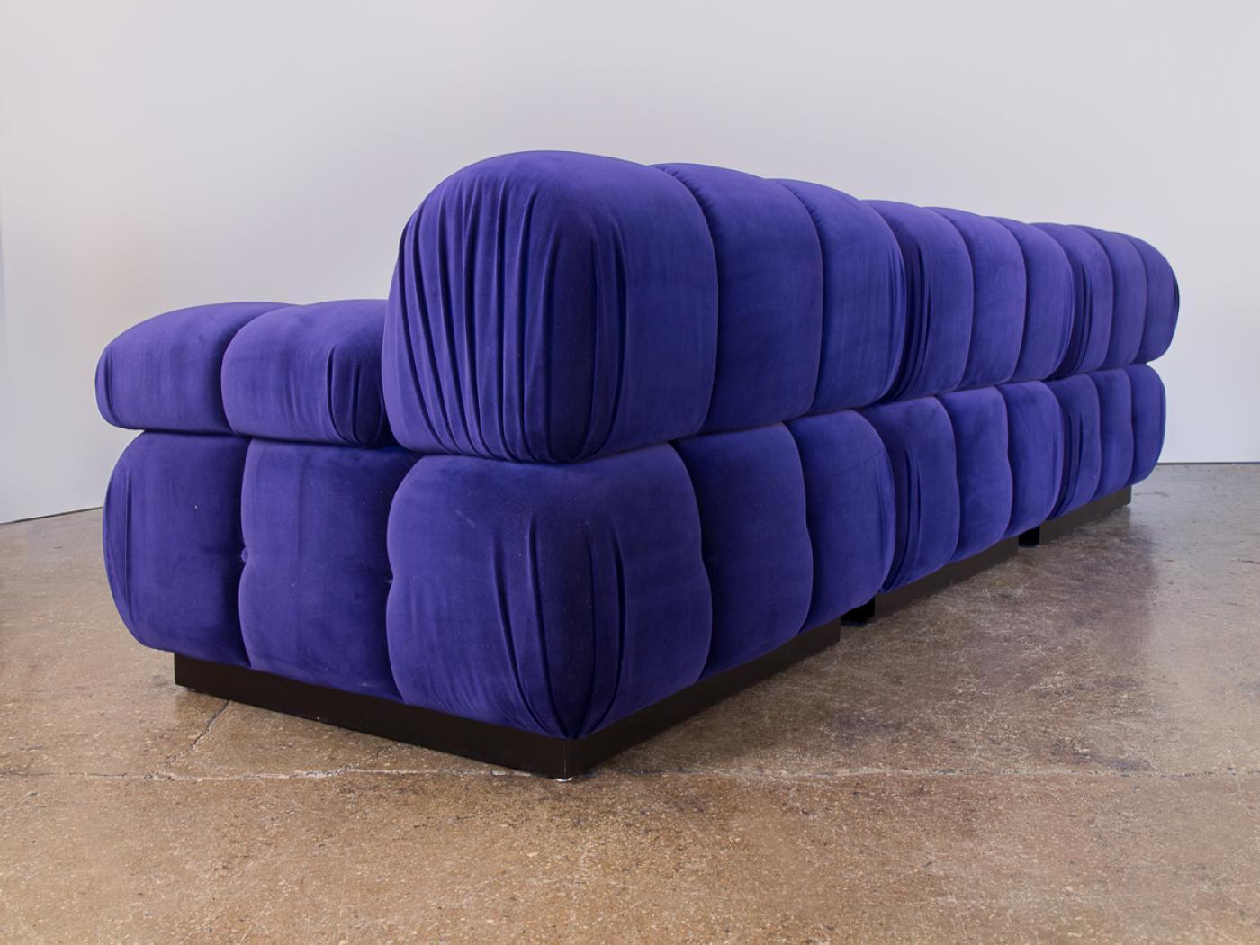 Mosaic Open Air Modern Purple Blue Velvet Custom Modular Tufted Loveseat with Ottoman For Sale