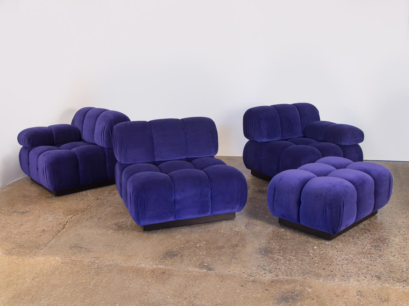 Open Air Modern Purple Blue Velvet Custom Modular Tufted Loveseat with Ottoman In Excellent Condition For Sale In Brooklyn, NY