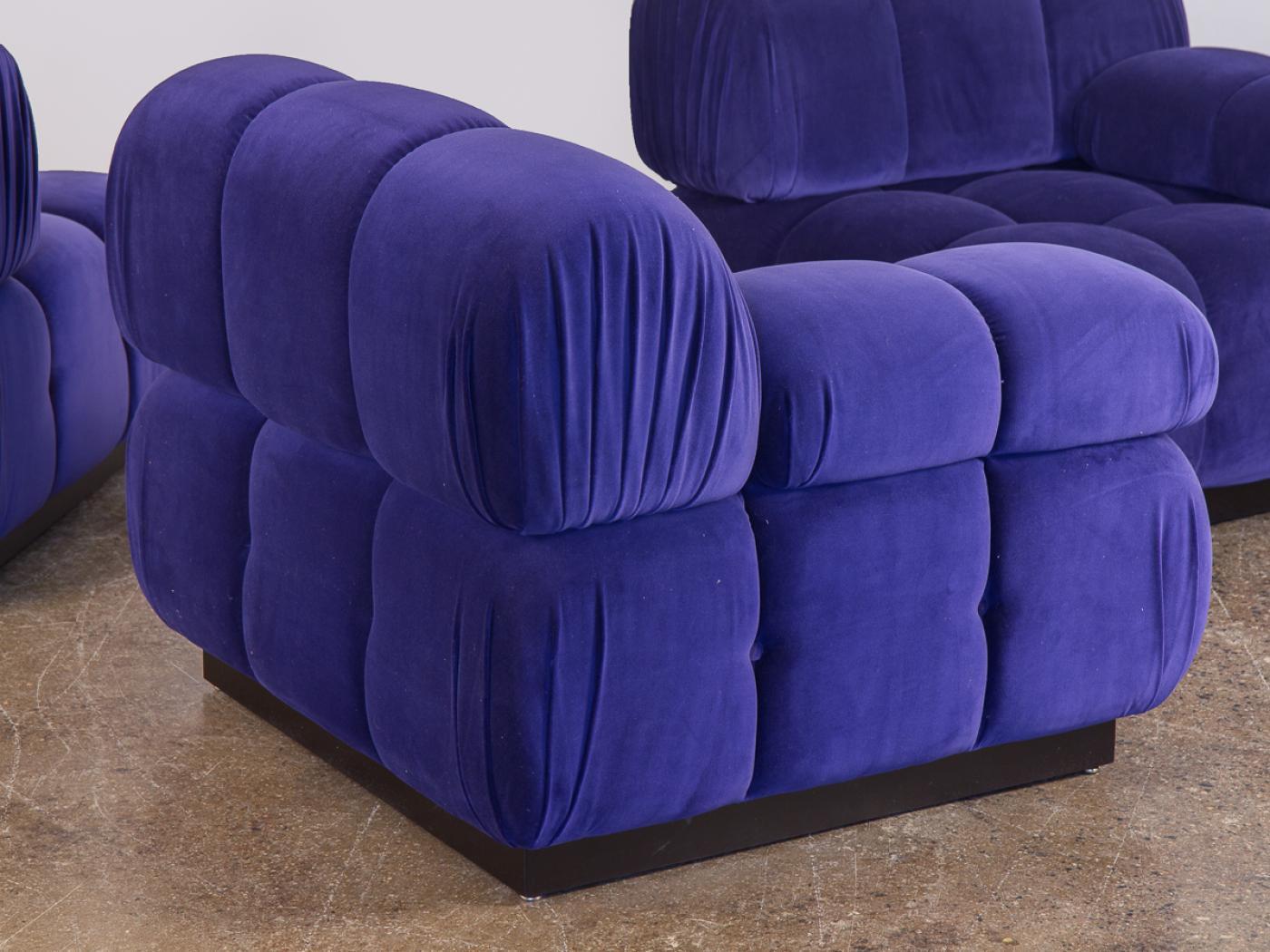 Contemporary Open Air Modern Purple Blue Velvet Custom Modular Tufted Loveseat with Ottoman For Sale