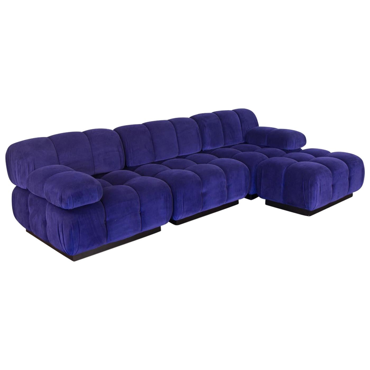 Open Air Modern Purple Blue Velvet Custom Modular Tufted Loveseat with Ottoman For Sale