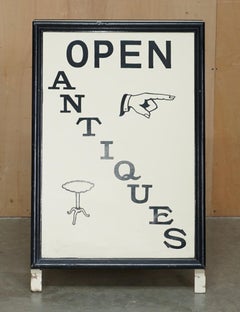 OPEN ANTiQUES VINTAGE SHOP SIGN WITH THOMAS CHIPPENDALE TABLE AND POINTING HAND