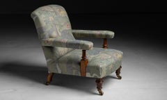Open Arm Library Chair in linen fabric by James Malone, England circa 1910