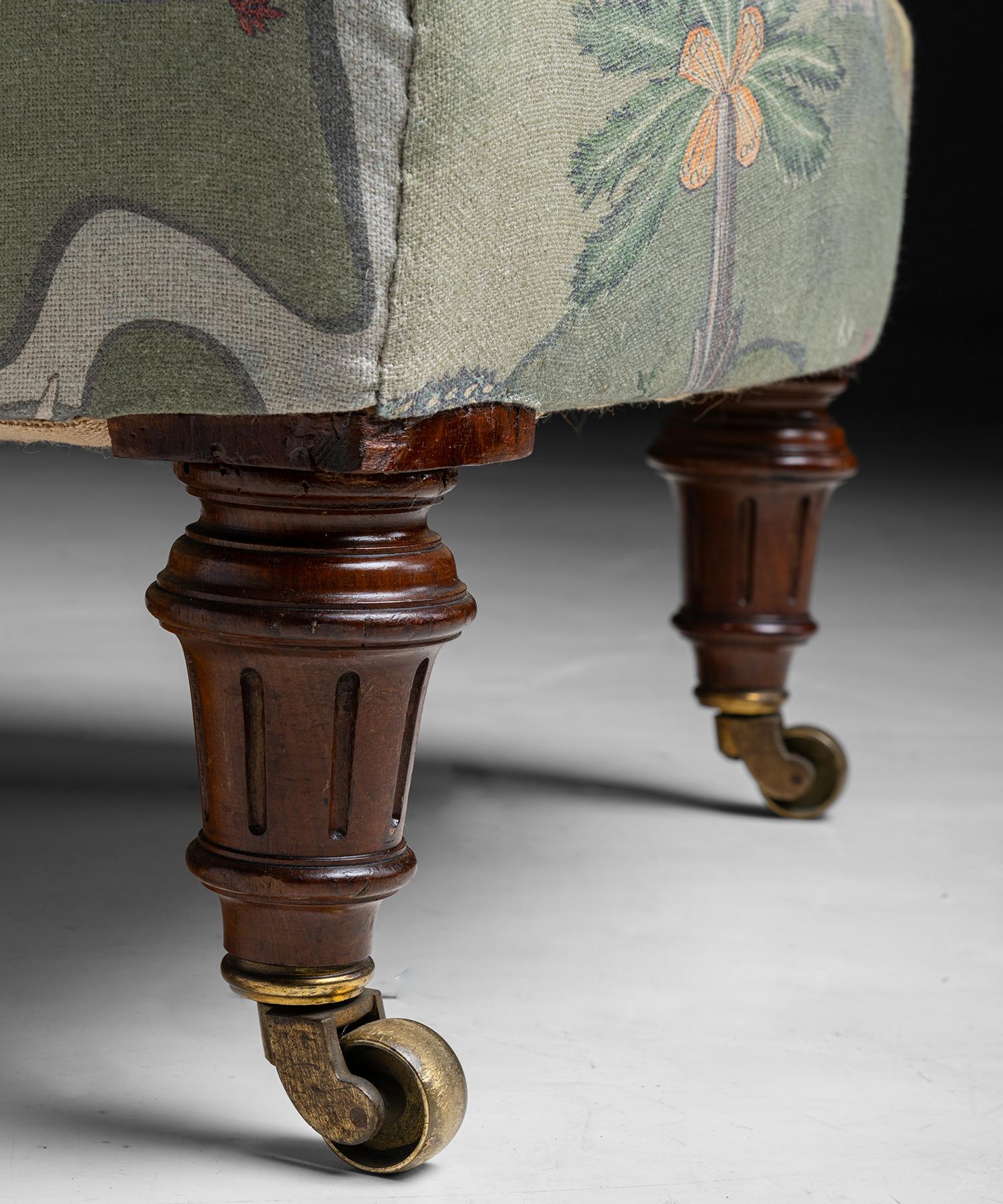 English Open Arm Library Chair in linen fabric by James Malone, England circa 1910 For Sale