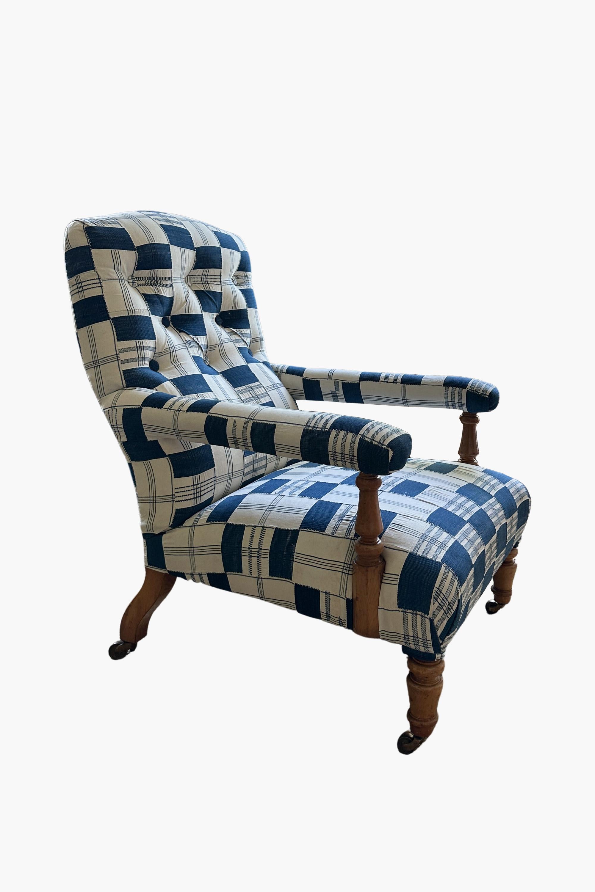 Late Victorian Open Armchair by Hindley & Son. upholstered in vintage Kente Cloth For Sale
