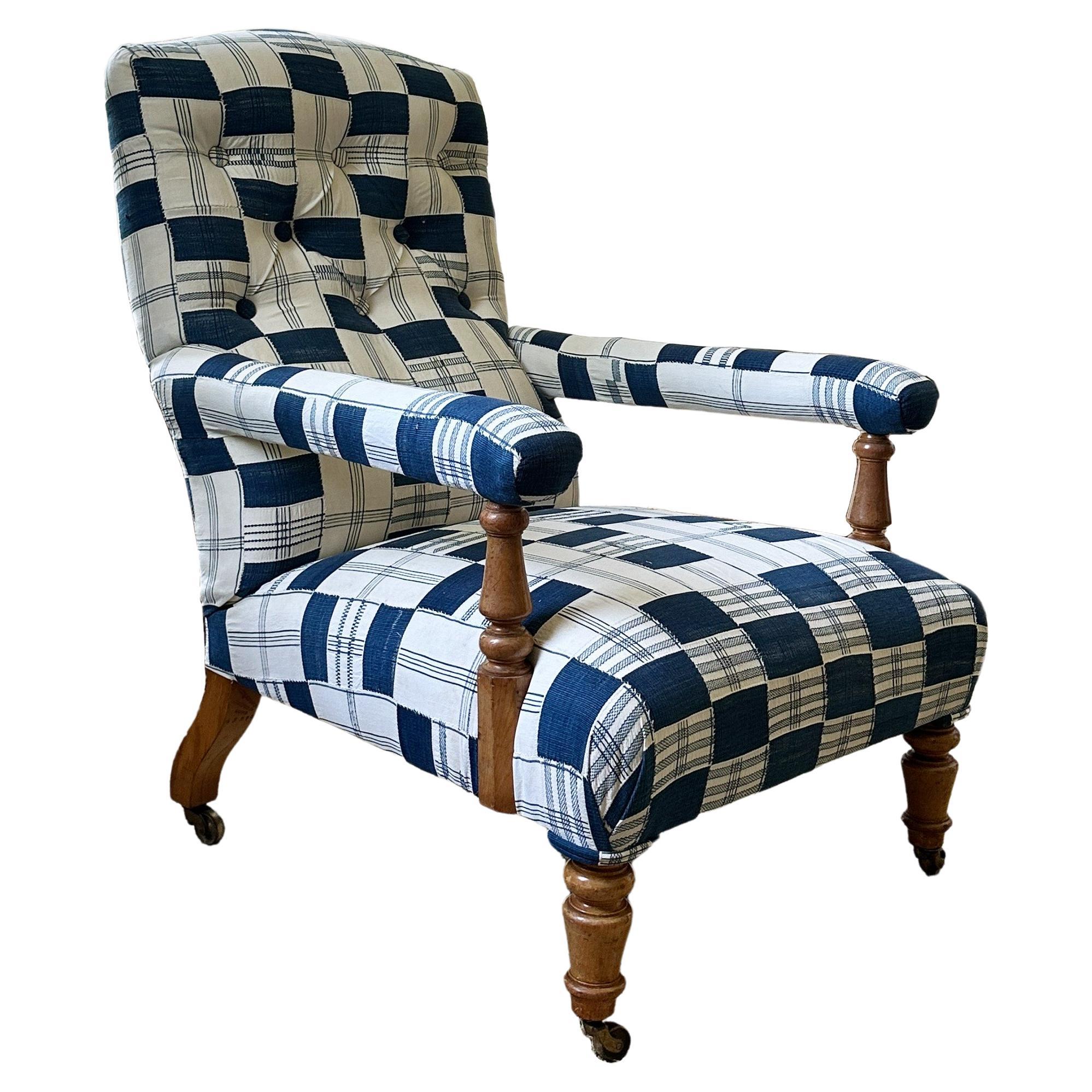 Open Armchair by Hindley & Son. upholstered in vintage Kente Cloth For Sale