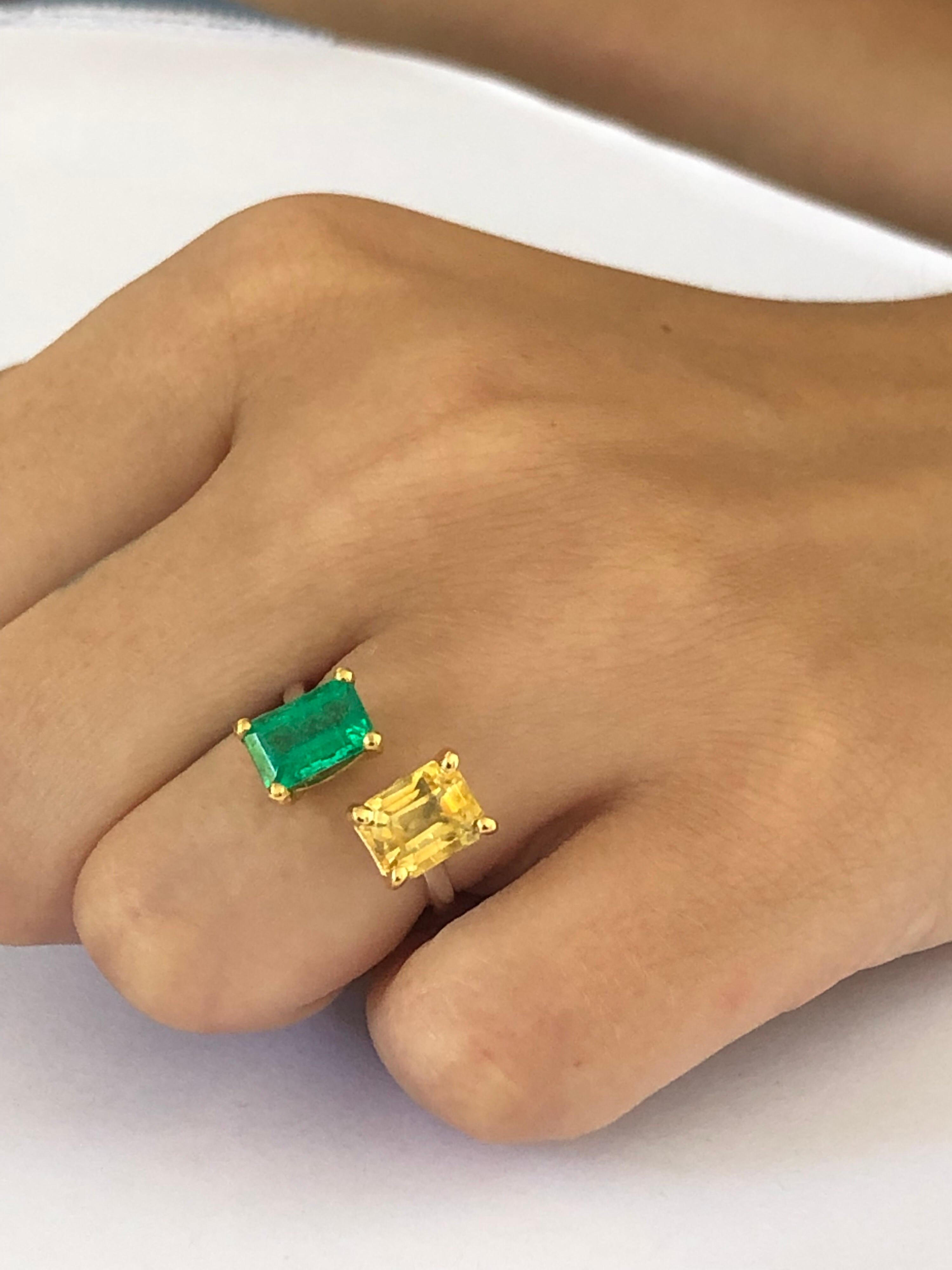 Open Band with Facing EC Emerald and EC Yellow Sapphire Cocktail Ring  4