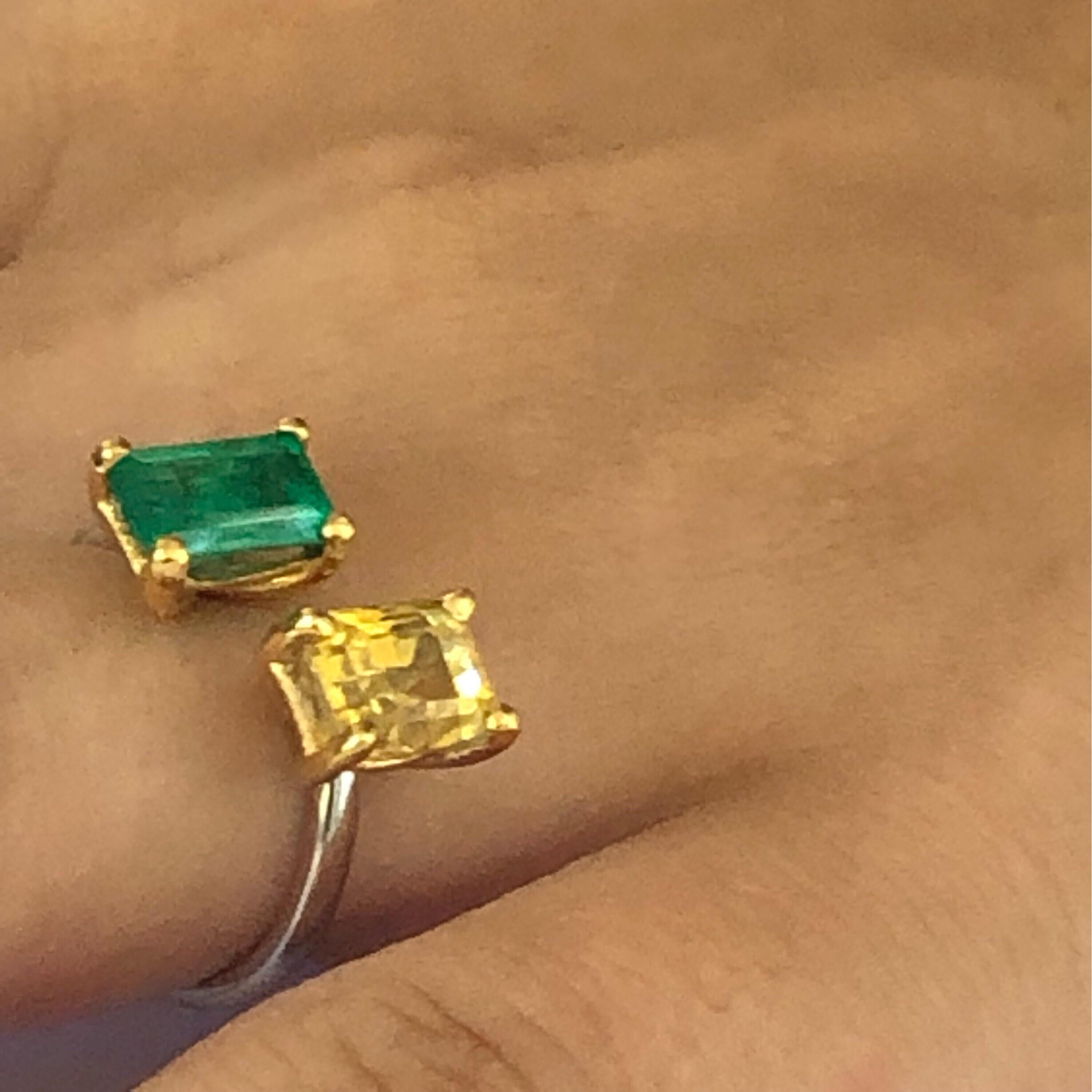 Open Band with Facing EC Emerald and EC Yellow Sapphire Cocktail Ring  6