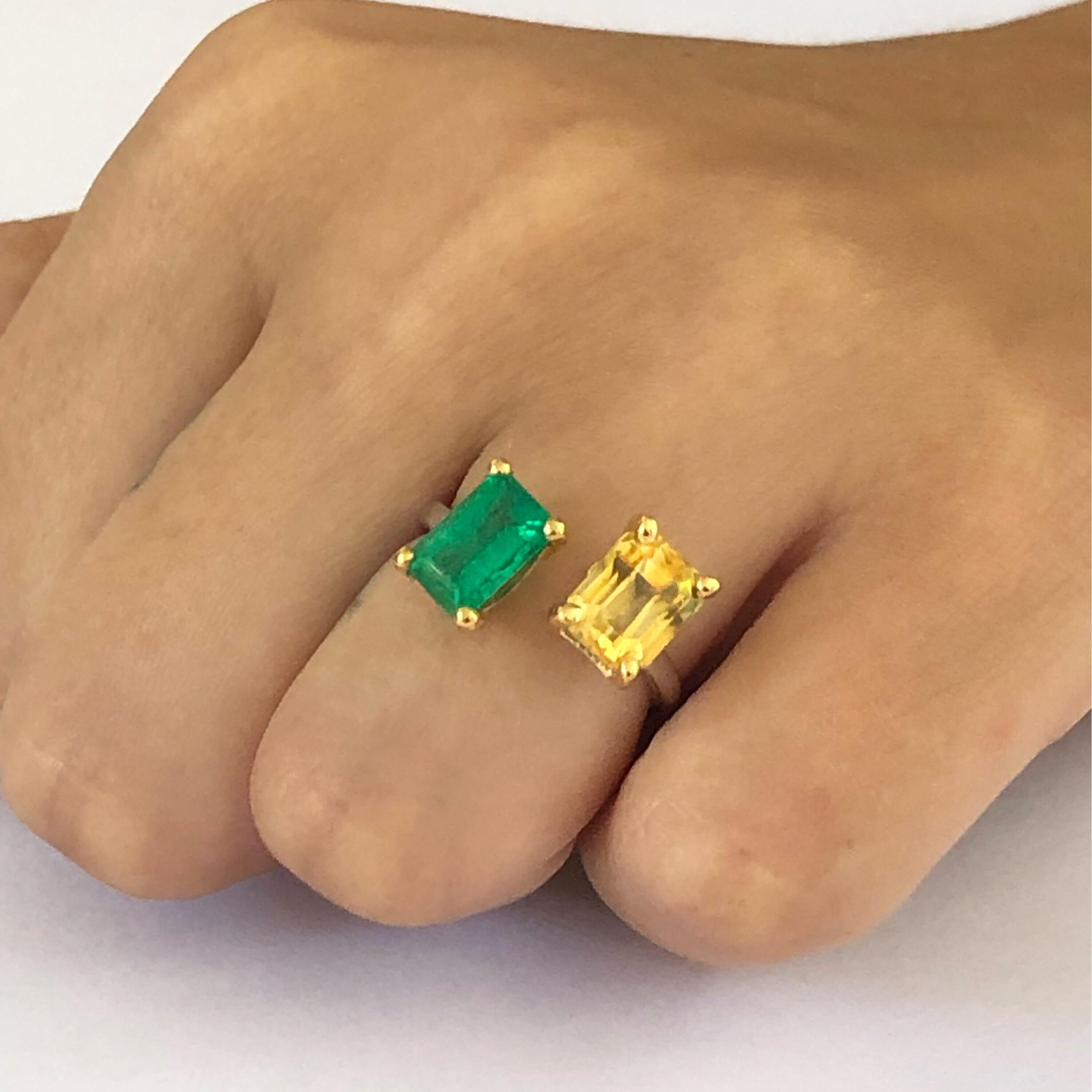 Women's Open Band with Facing EC Emerald and EC Yellow Sapphire Cocktail Ring 