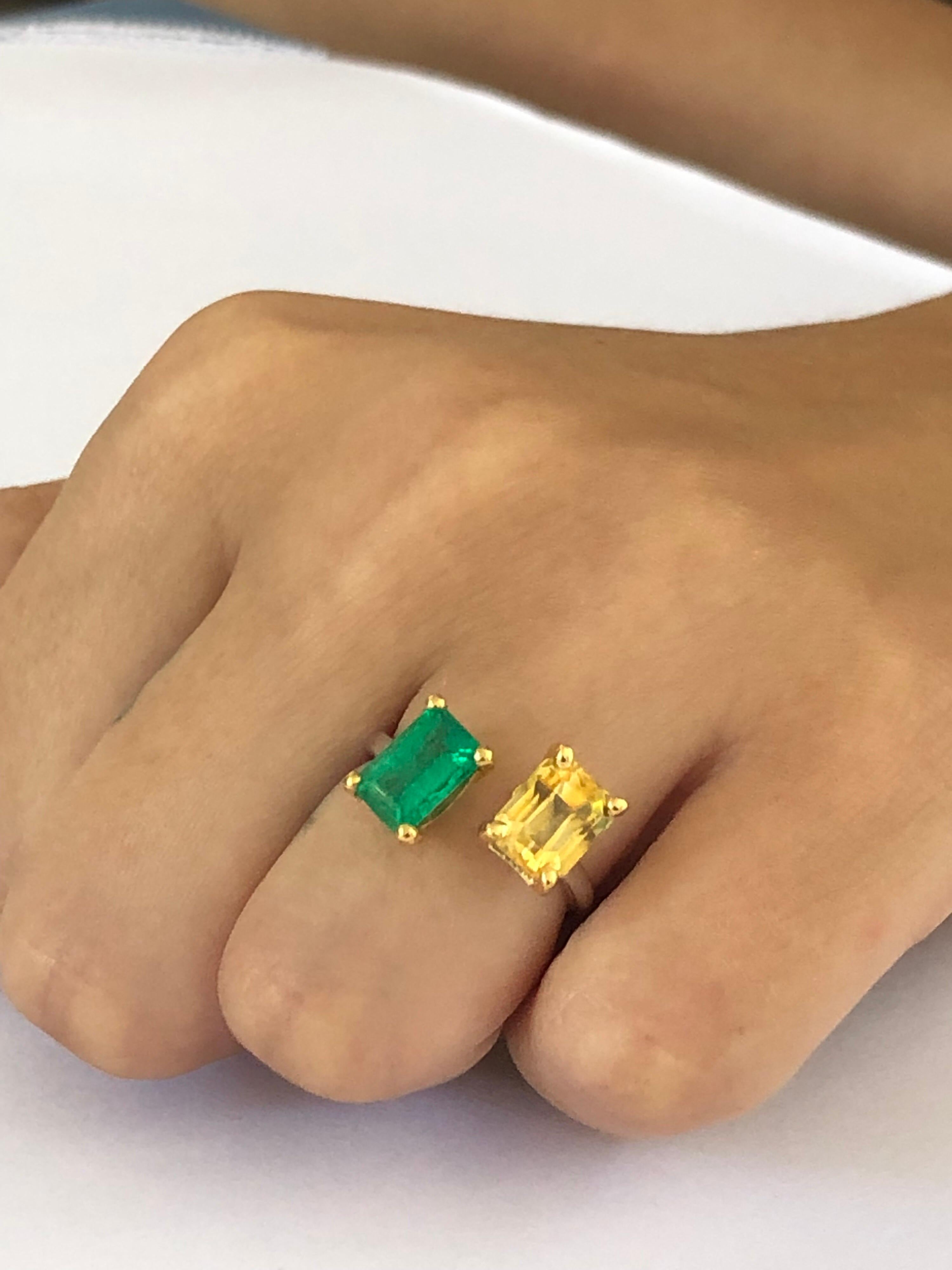 Open Band with Facing EC Emerald and EC Yellow Sapphire Cocktail Ring  1