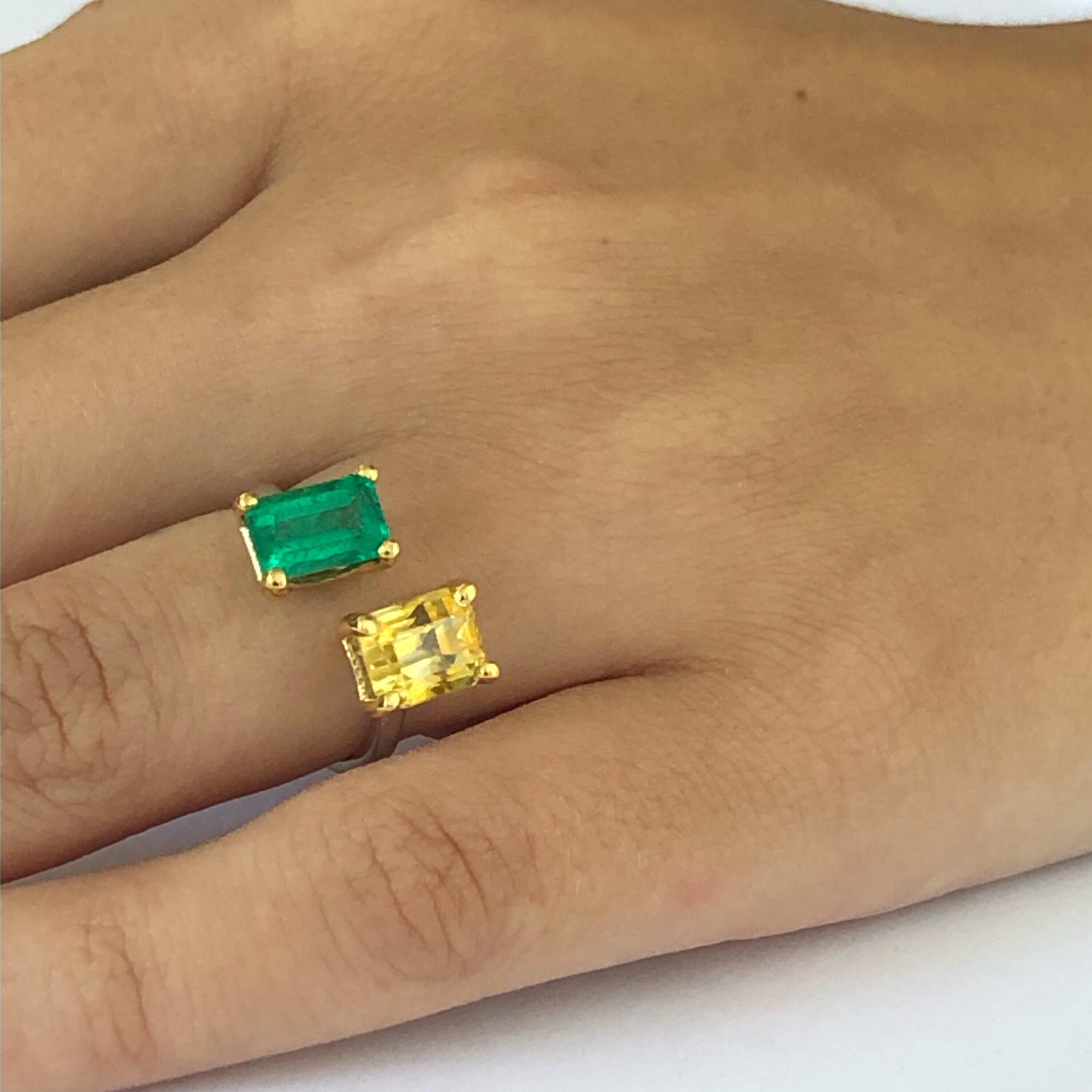 Open Band with Facing EC Emerald and EC Yellow Sapphire Cocktail Ring  3