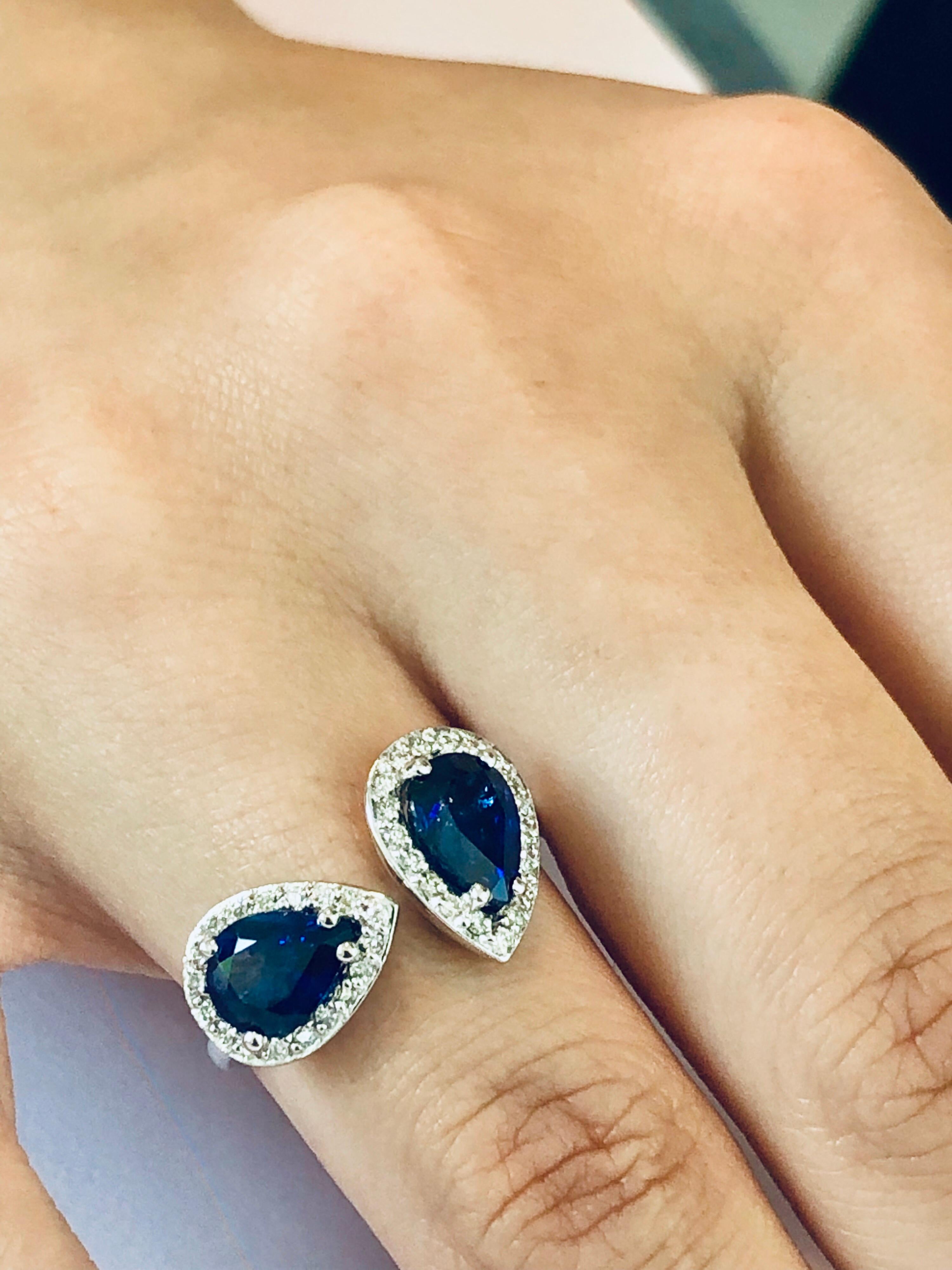 Women's Two Pear Shape Sapphires and Cluster Diamond Open Shank Cocktail Ring