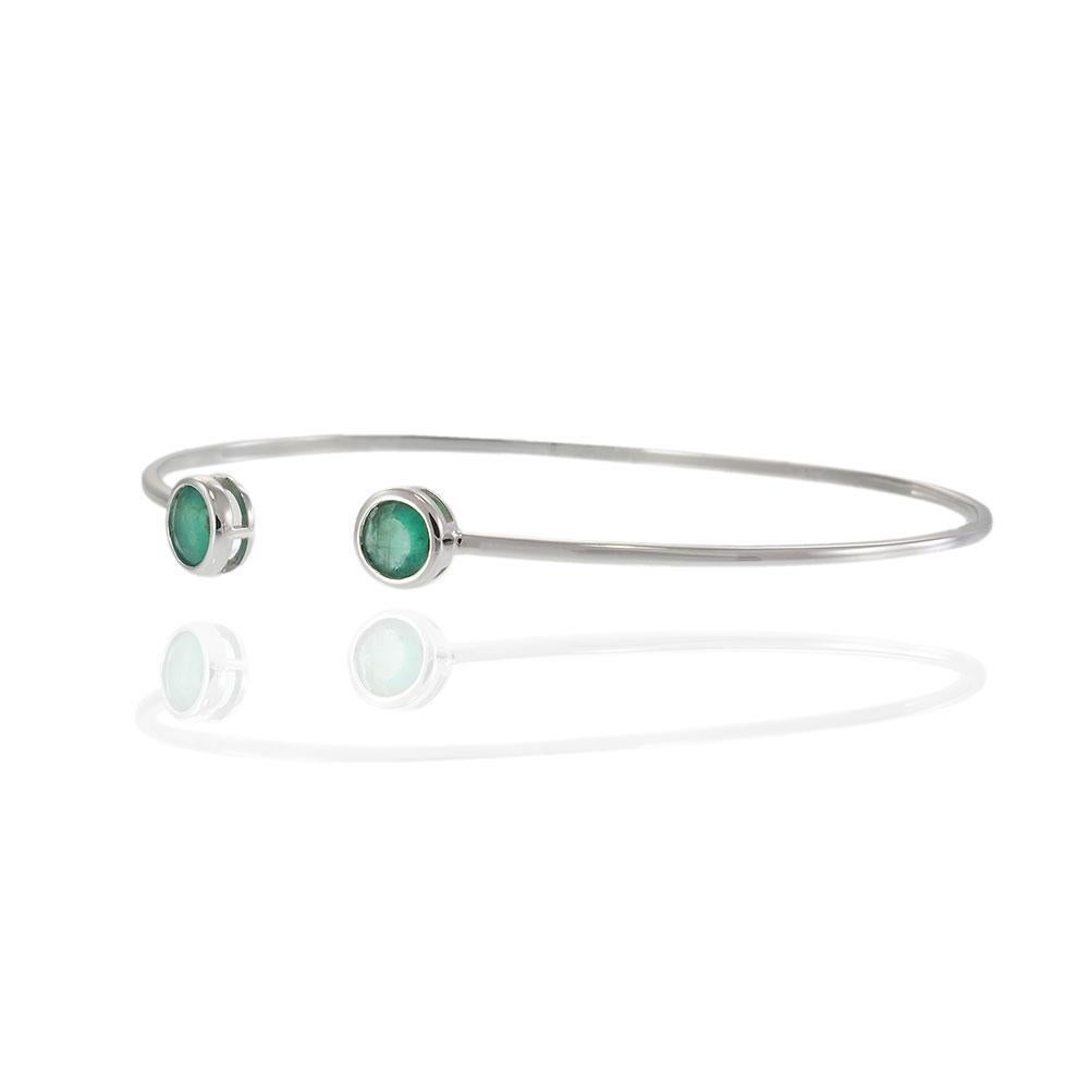 Round Cut Open Bangle with Round Bezel-Set Emeralds in 18KT White Gold For Sale