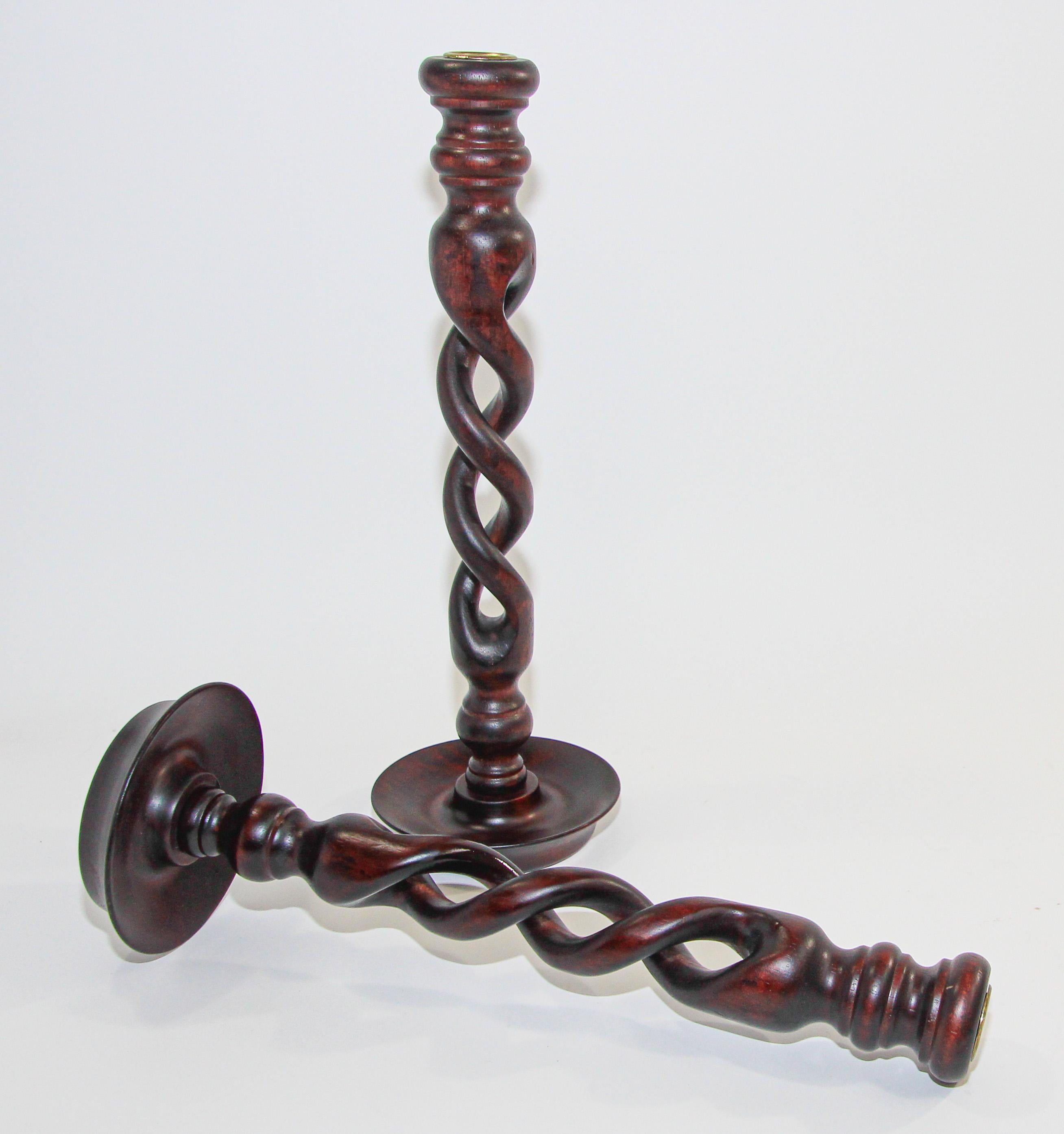 Hand-Crafted Open Barley Twist Wooden English Candlesticks a Pair