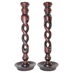 Vintage Open Barley Twist Wooden English Candlesticks a Pair