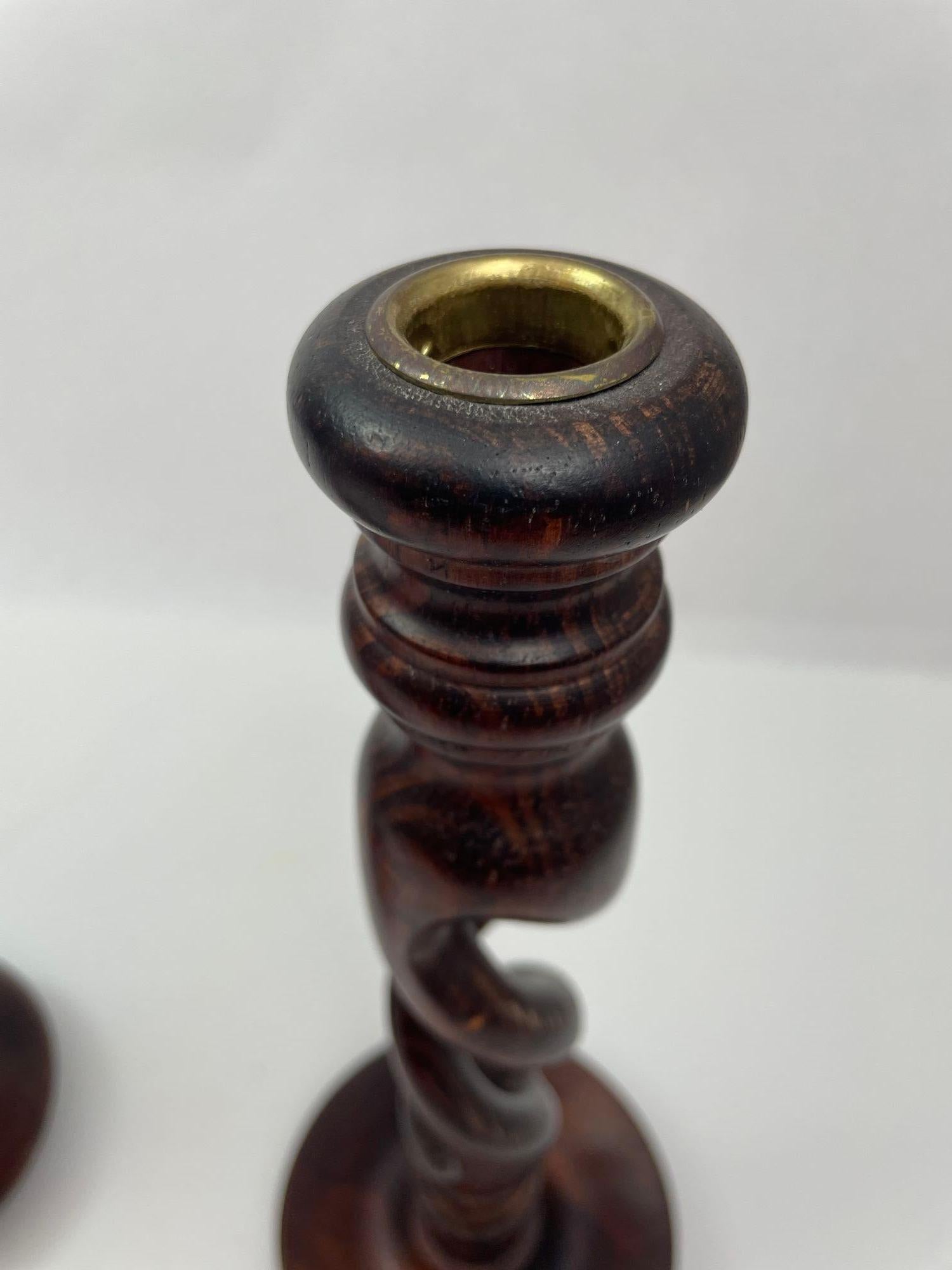Hand-Crafted Open Barley Twist Wooden English Candlesticks Set of 3 For Sale