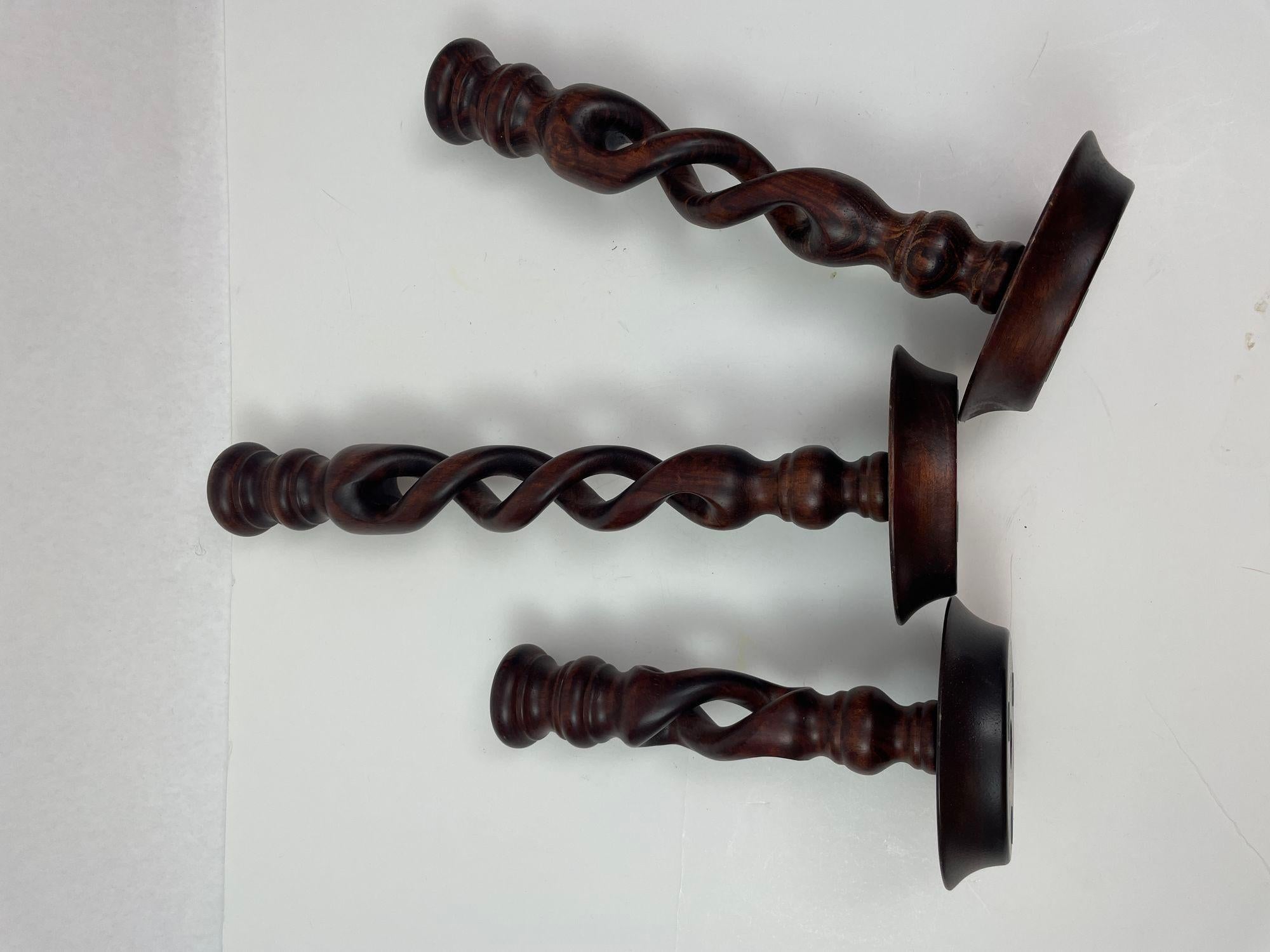 Open Barley Twist Wooden English Candlesticks Set of 3 For Sale 1
