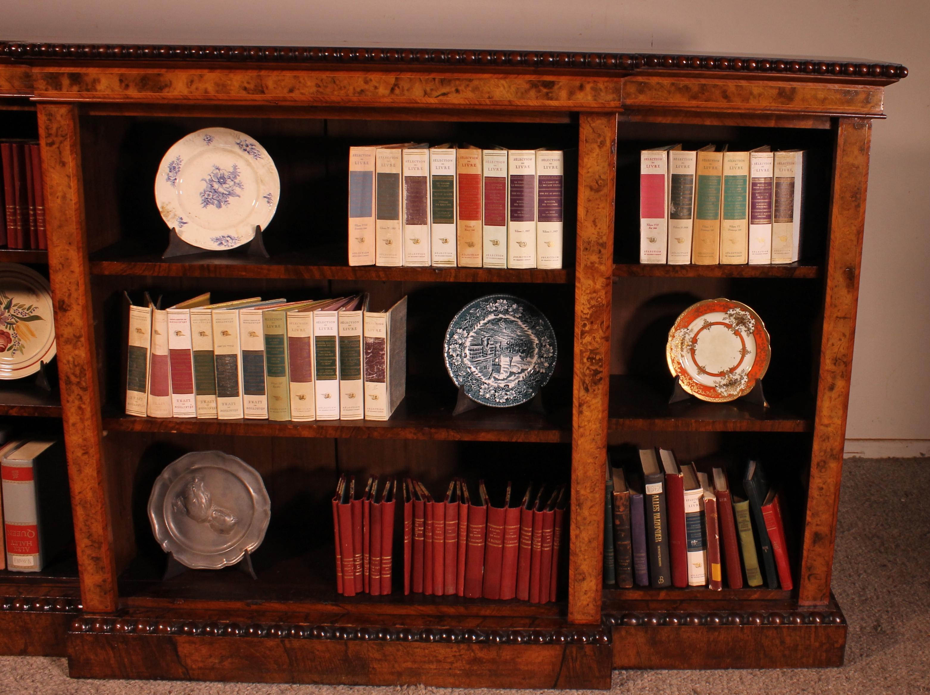 British Open Bookcase in Walnut and Burl Walnut, 19th Century