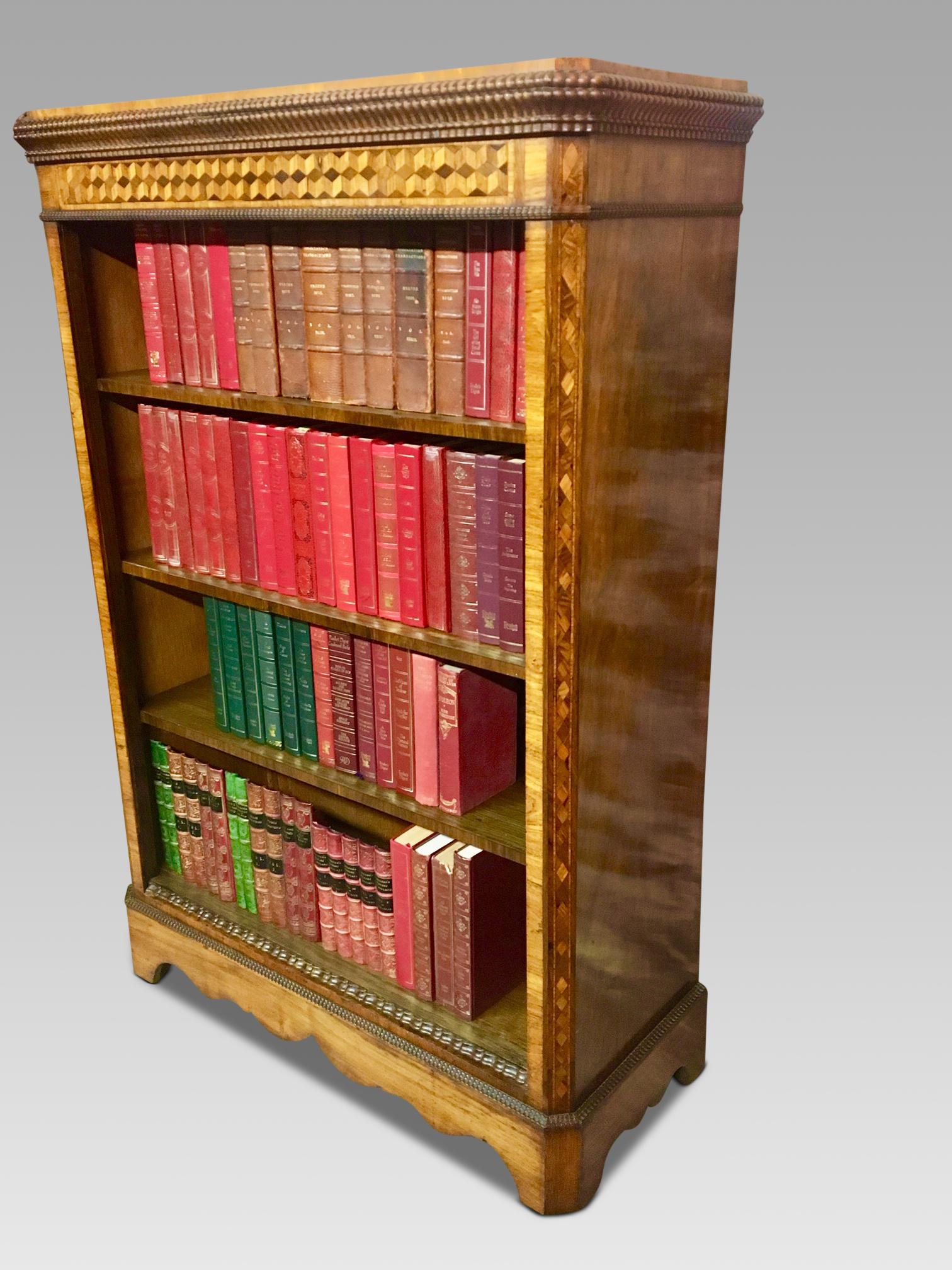 Good quality rosewood and marquetry open bookcase, circa 1880.
This is an attractive and compact solid bookcase, with 4 shelves, 3 adjustable
and giving a maximum shelf depth of 10.5 ins.
The original mellow finish and patina are a delight, and