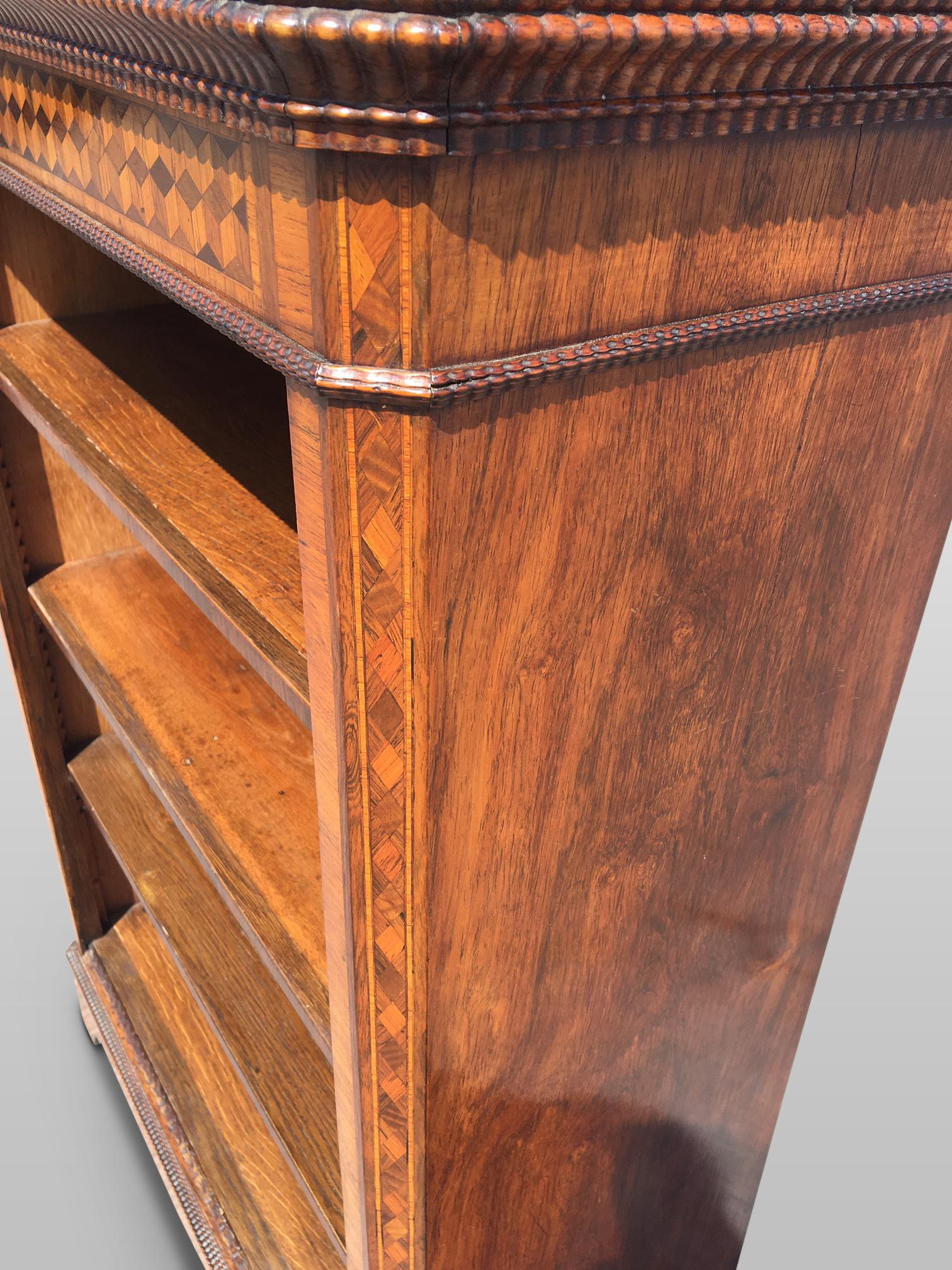 Good quality Walnut  and marquetry open bookcase, circa 1870.
This is an attractive and compact solid bookcase, with 4 shelves, 3 adjustable
and giving a maximum shelf depth of 10.5 ins.
The original mellow finish and patina are a delight. The