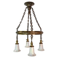 Open Brass Ring Chandelier with Quezal Shades